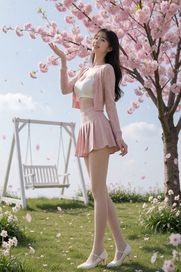 春日花园场景,  花园里种满粉色樱花树（樱花正在飘落）,  地面铺着绿色草坪（点缀白色小野花） on Tensor.Art