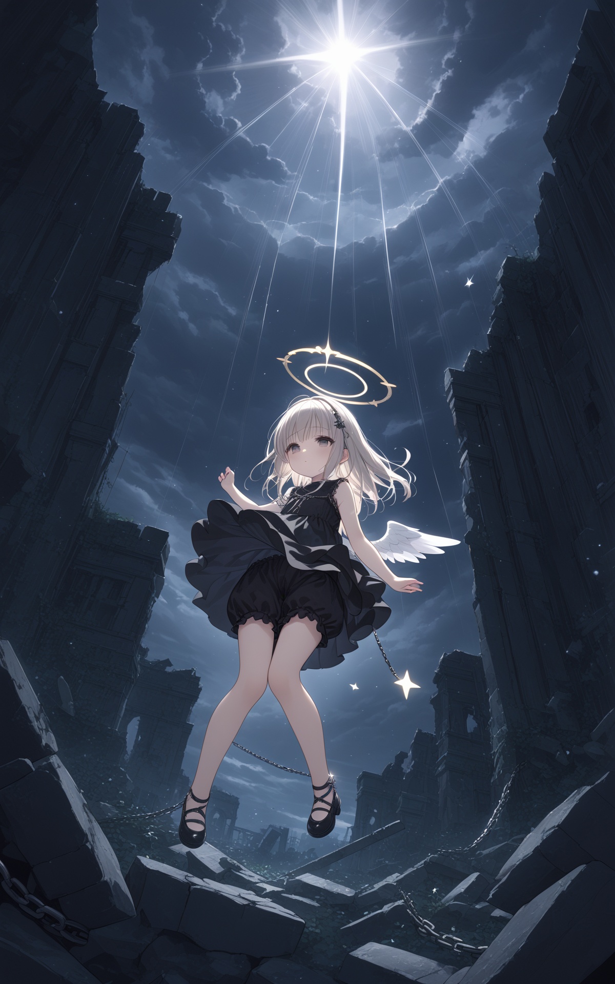 (masterpiece), (best quality), loli,(sunlight),(angel),dynamic angle,floating,wing,halo,floating white silk,(Holy Light),silver stars,1girl,chain ring, chain storm, dark chain,((wholeblack bloomer)), darkside, night, deep dark, darkness, ((dark clouds)),((ruins)),shadow, death garden,