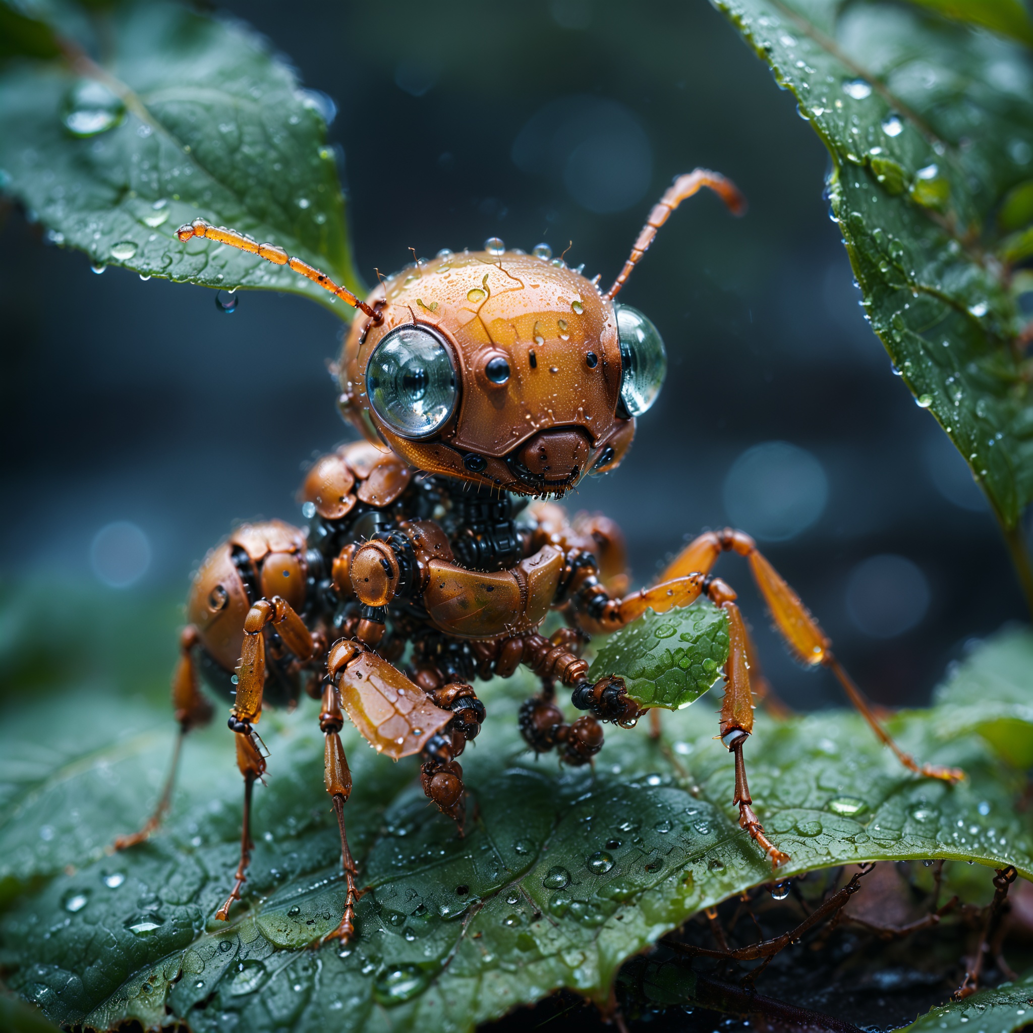 A macro photograph capturing the intricate details of a small ant robot sitting on a leaf. The image showcases the delicate tender mechanical texture,  subtle color gradients, and tiny transparent droplets of dew. Shot with a Canon EOS 5D Mark IV, 100mm f/2.8L Macro IS USM lens, f/8 aperture, 1/250 sec shutter speed, ISO 400. Focus on the edge with a shallow depth of field, soft artistic double light and a dark background to highlight the subject. Masterpiece, by Annie Leibovitz , high resolution detail, studio photo qualitycute robot, rectangular body, treaded wheels, compact head, expressive binocular-like eyes, sad and curious appearance, heartbreaking, cute, heavy rain, very sad, lonely, lost place, cyberpunk, desaturated, vibrant colors, dramatic lighting, desaturated background, bokeh, dark theme, soothing tones, depth of field, dramatic backlighting, film grain,  <lora:add-detail-xl:1> <lora:detailer_v5:1>  <lora:xl_more_art-full_v1:1>