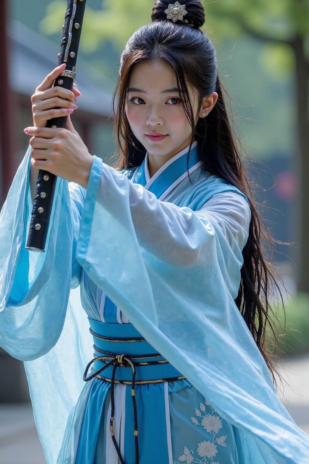 Cinematic photo a photograph of a teenage young woman with fair skin and long black hair,fighting pose,large breasts,hand holding a sword,see-through,self-luminous neon armor,science fiction,cyberpunk,robot joints,blue and white hanfu,embroidery,dao robe,transparent cloak,full body,outdoors,