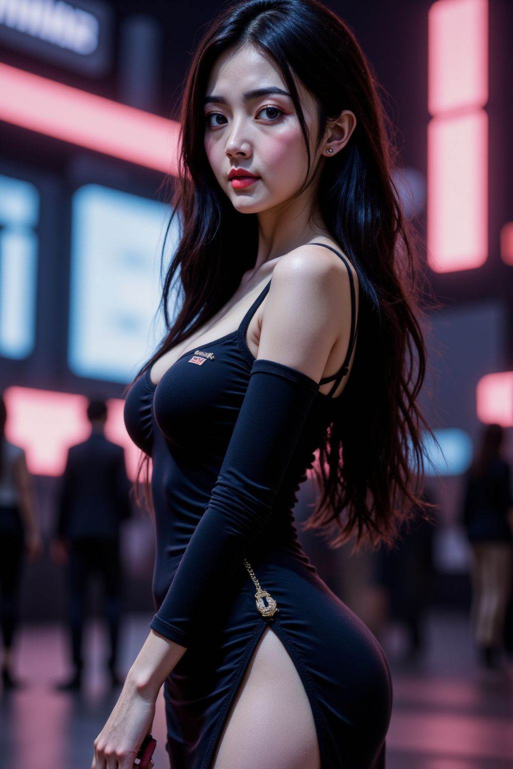 Photograph of an attractive young girl, solo, long hair, breasts, looking at viewer, black hair, dress, bare shoulders, medium breasts, closed mouth, standing, detached sleeves, blurry, black dress, lips, blurry background, side slit, realistic, cyberpunk, neon lights,