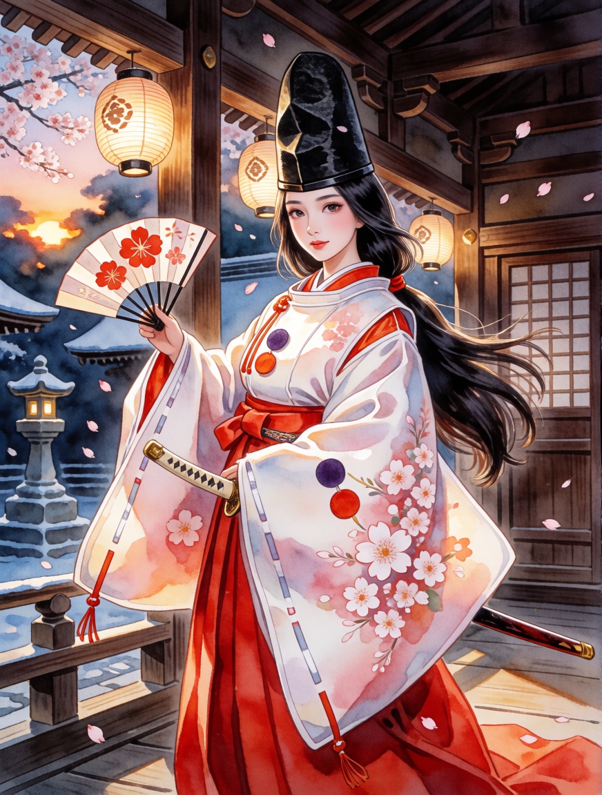 shirabyoshi,  An artistic,  anime-style digital watercolor illustration of a beautiful young woman dressed as a shirabyosh...