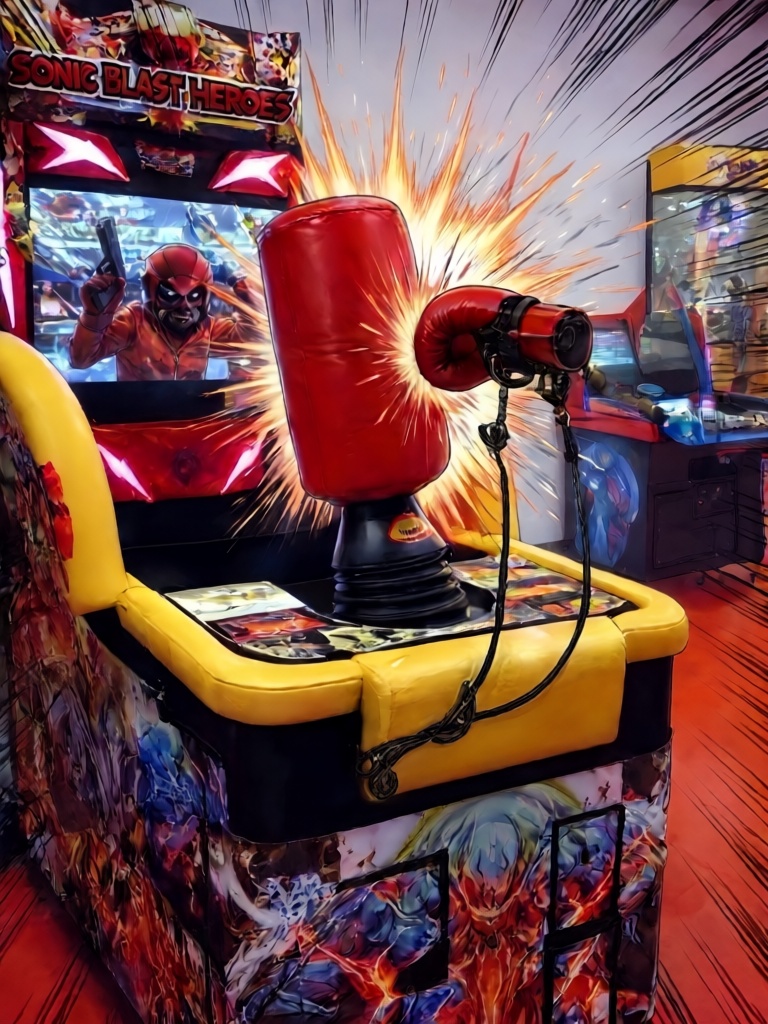 sonic blast heroes,  punching machine,  robber holding gun on screen on Tensor.Art