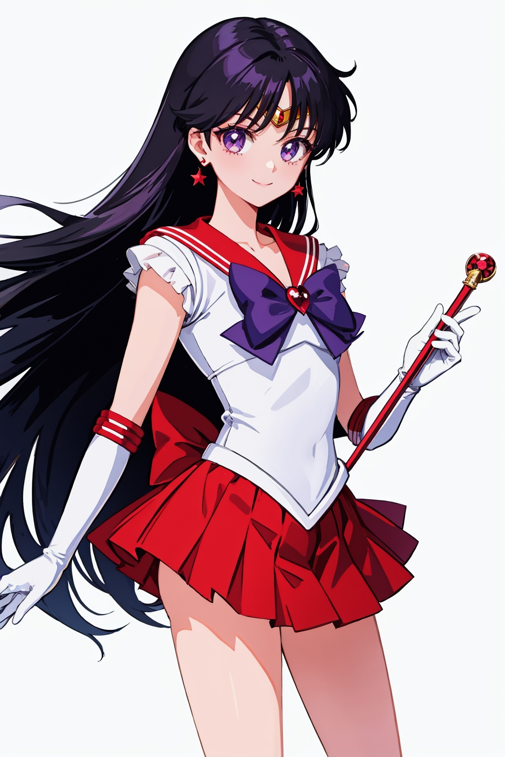 masterpiece,best quality, highly detailed, sailor mars,1girl,sailor senshi uniform,solo,red sailor collar,red skirt,star (symbol),white gloves,star earrings,pleated skirt,magical girl,elbow gloves,looking at viewer,tiara,smile<lora:sailor_mars:1>,simple background,white background