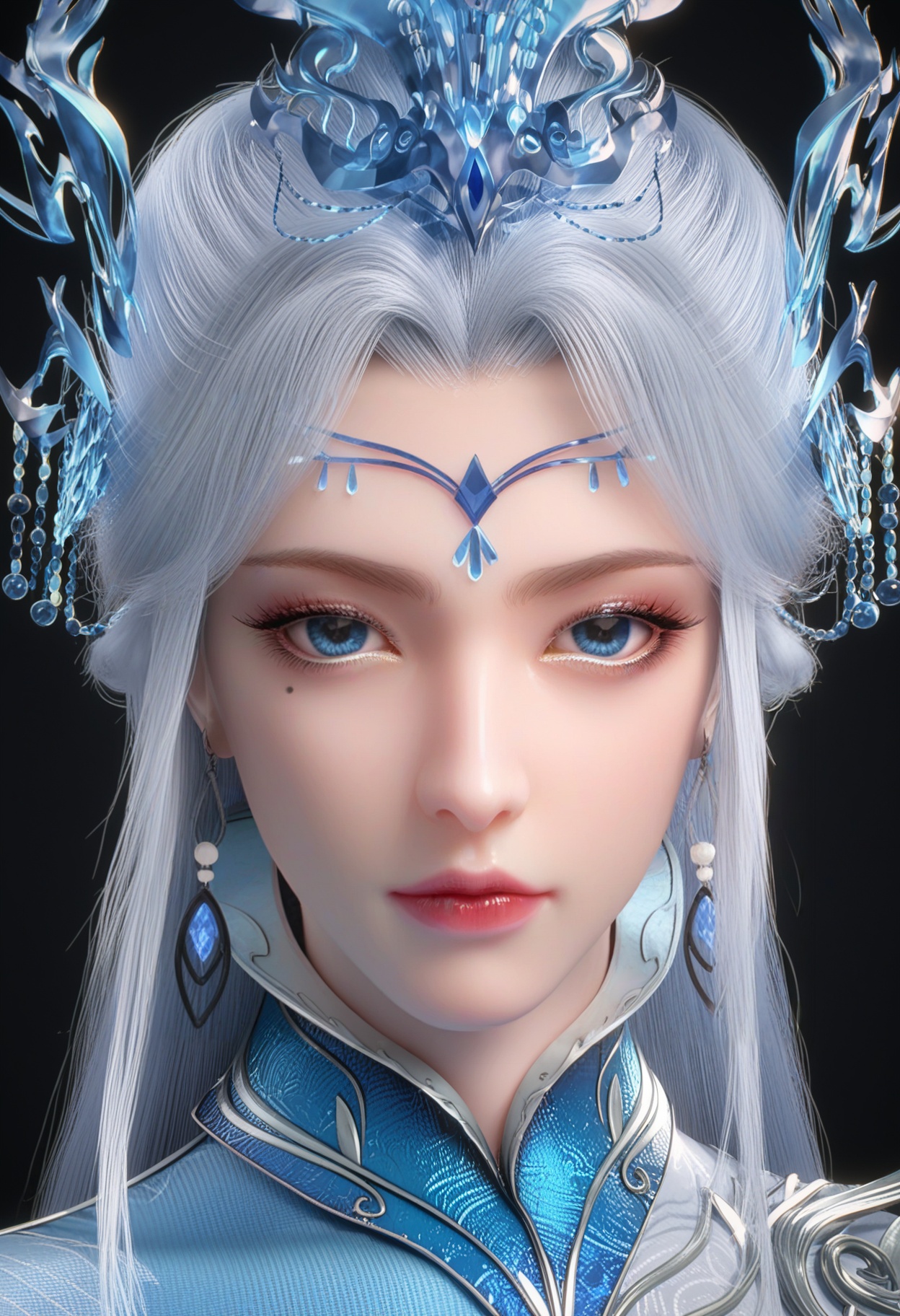 (cowboy shot:1.2),(score_9:1.2),(score_8_up:1.2),(top quality, 8k wallpaper:1.1),(masterpiece:1.1),(best quality:1.2),(intricate details),8k,1girl,facing viewer,(looking at viewer:1.1),<lora:YQ_pony_ningyudie_fuzhuang2_V4:0.95:lbw=1,1,1,1,1,1,1,1,1,0.8,0.8,0.1>,<lora::0.8>,q1528437228,1girl,solo,long hair,hair ornament,jewelry,dress,chinese clothes,blue eyes,white hair,earrings,expressionless,hair bun,mole under eye,blue hair,makeup,shoes,bracelet,pantyhose,BREAK(score_9:1.2),(score_8_up:1.2),masterpiece,best quality,very aesthetic,perfect anatomy,(hourglass),perfect face,(simple background,pure black background,black background:1.1),fair_skin,(shiny_skin:1.1),Ivory_skin,