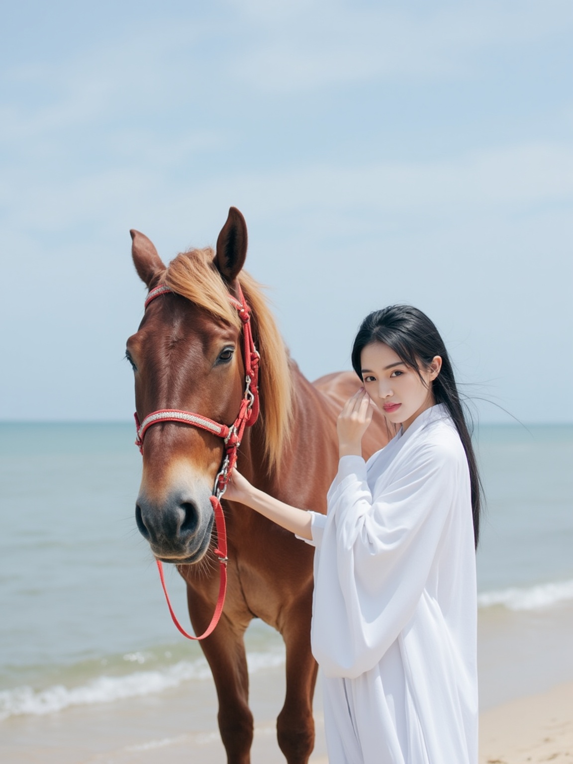 This is a photograph capturing a serene beach scene featuring a young woman and a horse. The woman, who appears to be of East Asian descent, stands to the right of the frame, facing the camera with a calm, contemplative expression. She has long, straight black hair tied in a ponytail and is wearing a white, loose-fitting robe with a high collar, giving her an ethereal, almost otherworldly appearance. Her delicate features and pale skin add to this impression. The horse, a brown with a reddish mane and tail, stands to her left, facing the camera. It has a bridle with a bright red headpiece and a white noseband. The horse's eyes are closed, suggesting tranquility. The background features a calm sea with gentle waves lapping at the shore, where the sand is light beige. The sky is clear, with a few wispy clouds, and the horizon is visible, indicating a peaceful, sunny day. The overall mood of the photograph is tranquil and serene, emphasizing the peaceful coexistence of nature and humanity.