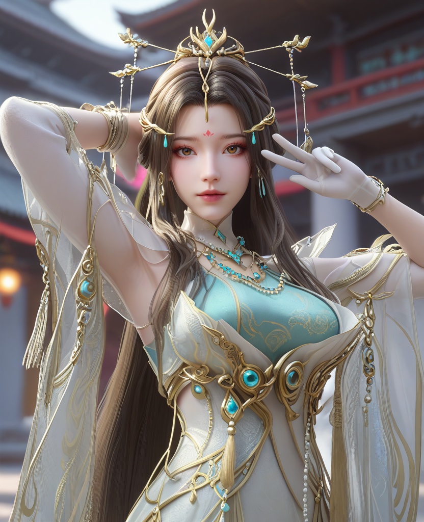 (oriental architecture, elegant decor, sophisticated style:1.1),(victory pose, arms up,:1.1),(close-up:1.1),(large breasts:1.2),<lora:XL16云深不知梦云望舒少宗主服:0.95>,miss yunwangshu,white gown with tulle skirt,shawl,brown eyes,forehead mark,very long hair,traditional chinese updo with long front strands,hair ornament,jewelry,blue bandeau,white gloves,, score_9,score_8_up,score_7_up,score_6_up,score_5_up,score_4_up,3d rendering,tag1,tag2, Cinematic Lighting,backlighting,