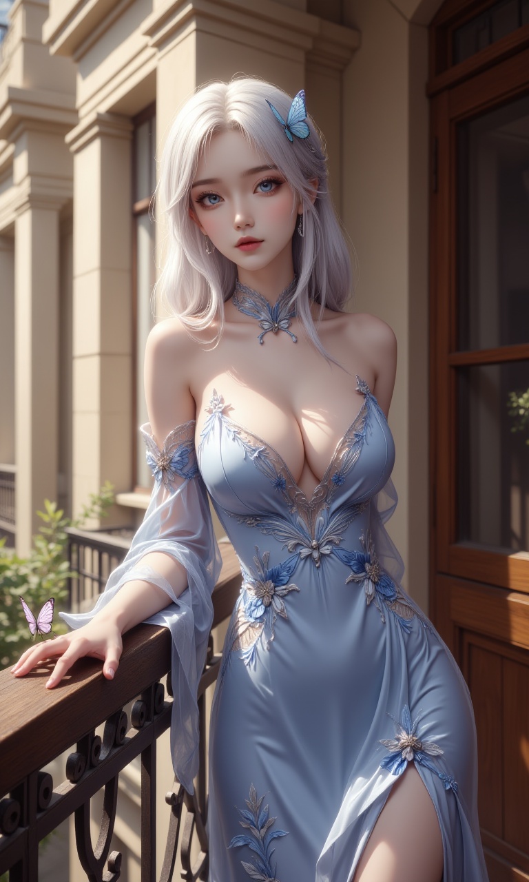 ethereal appearance. she has fair skin,large,expressive blue eyes,and a petite,slender physique. her hair is a soft,silvery white,cascading in loose waves around her shoulders,adorned with a small,delicate butterfly clip on the left side. she wears a form-fitting,light blue,high-necked gown with intricate floral embroidery and a plunging neckline,accentuating her modest breast size. the gown's sleeves are adorned with matching floral patterns,and she has a pair of delicate,butterfly-shaped earrings.,she stands on a wooden balcony,leaning against a wrought iron railing,with a serene expression. the background reveals a classical,european-style building with tall,ornate columns and a wooden door with a glass panel. the lighting is soft and warm,casting gentle shadows that enhance the texture of her gown and the intricate details of the building. a small,fluttering butterfly is perched on the railing,adding a touch of whimsy to the scene. the overall style is realistic with a touch,