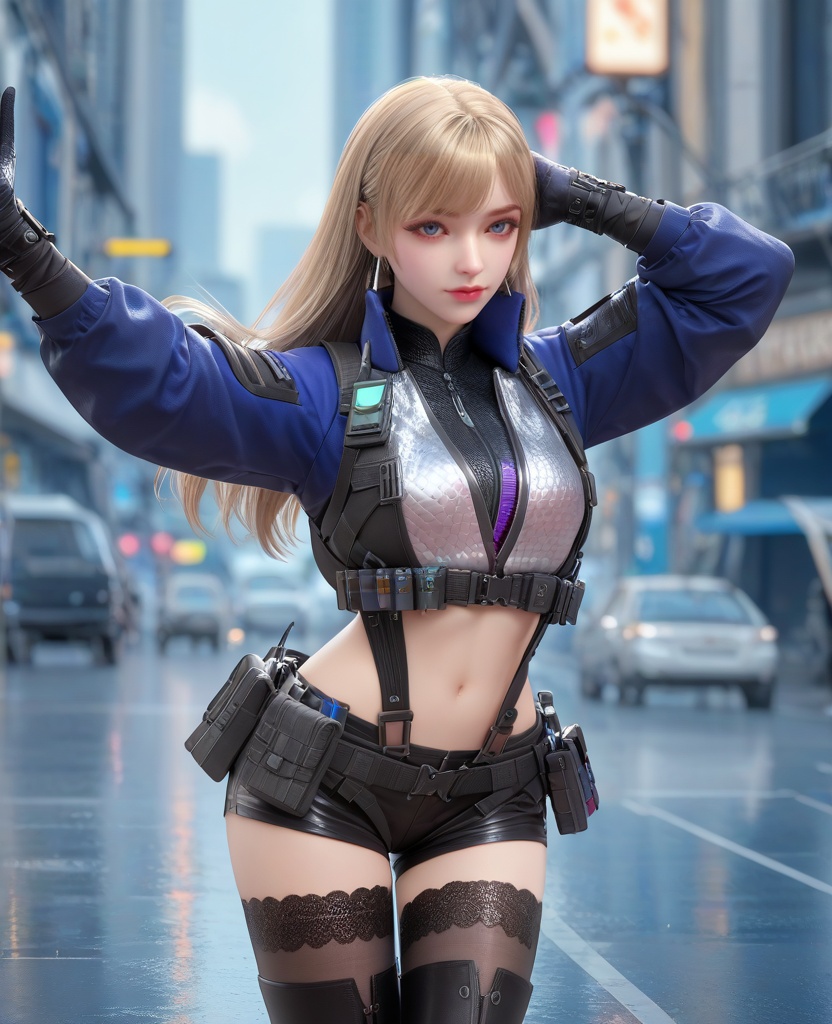 (oriental architecture, elegant decor, sophisticated style:1.1),(Balancing on a narrow surface, arms outstretched, showing gracefulness,:1.1),(breasts:1.2),<lora:XL16穿越火线岚兮儿保卫者:0.95>,miss lanxier,blue cropped jacket with tactical reflective patches,blue eyes,blonde hair,long hair,earrings,suspenders,black gloves,black shorts,midriff,black thighhighs,black thigh boots,, score_9,score_8_up,score_7_up,score_6_up,score_5_up,score_4_up,3d rendering,tag1,tag2, Cinematic Lighting,backlighting,, zPDXL3, zPDXL2,zPDXL, zPDXLxxx, zPDXLrl,