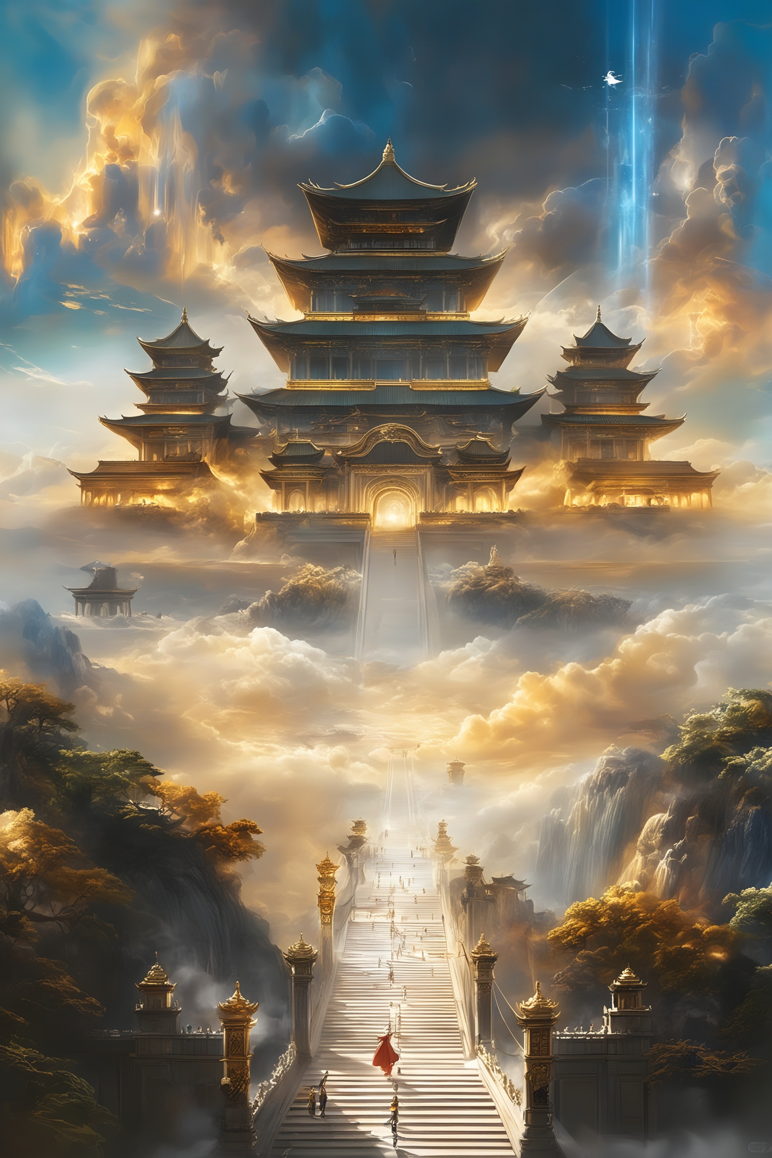 shenjie,The image depicts a majestic, multi-tiered pagoda-style building set against a dramatic, mystical backdrop. The structure is illuminated with warm, golden lights, creating a striking contrast with the cool, blue-toned surroundings. The building is surrounded by lush greenery and misty mountains, adding to the ethereal atmosphere. A long, winding path leads up to the entrance of the pagoda, flanked by ornate lamp posts. The sky is filled with swirling clouds and beams of light, enhancing the sense of wonder and magic. Small figures can be seen walking along the path, adding a sense of scale and human presence to the scene.