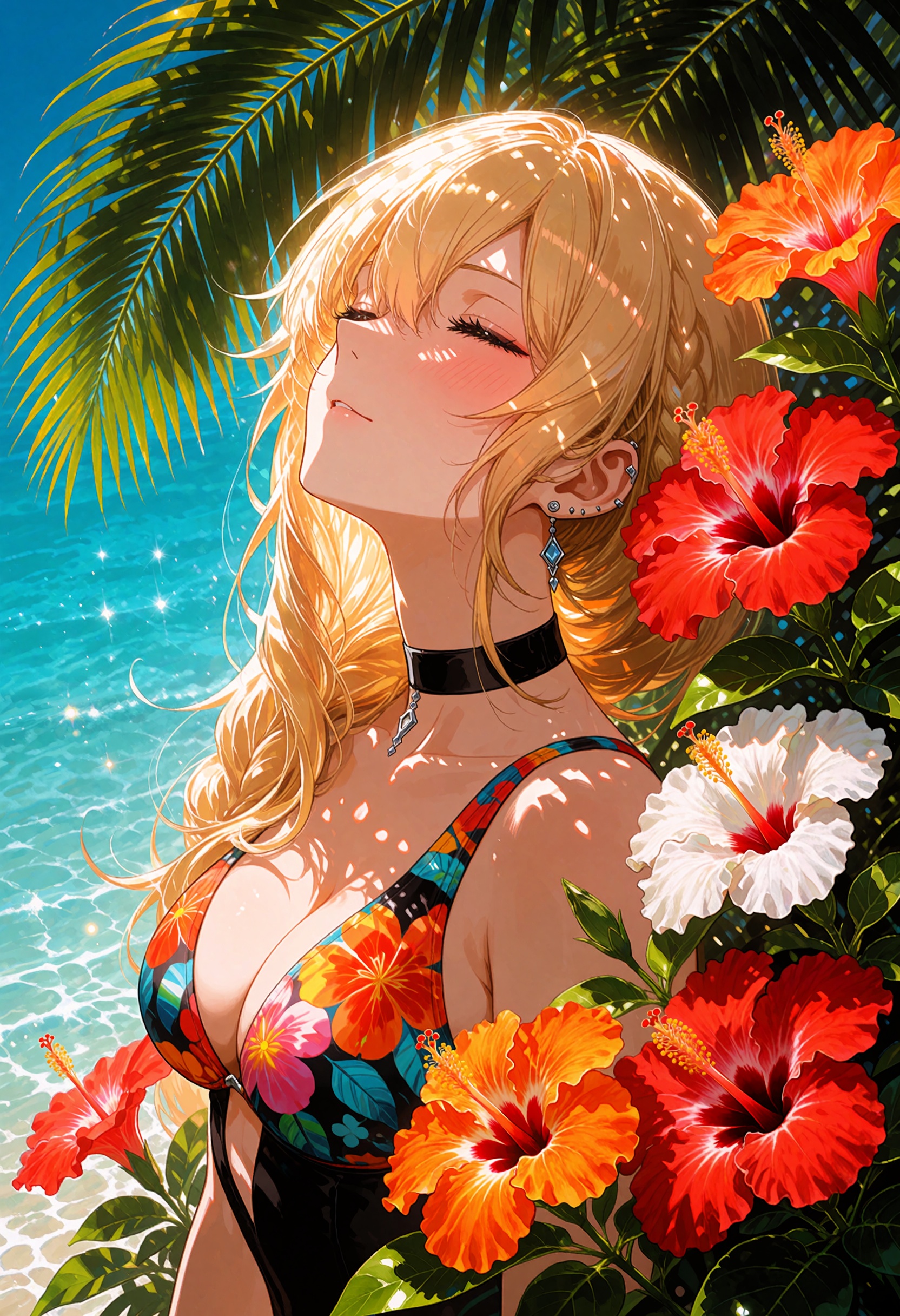 a woman with long golden blonde hair,  head tilted back with closed eyes,  basking in warm sunlight on Tensor.Art