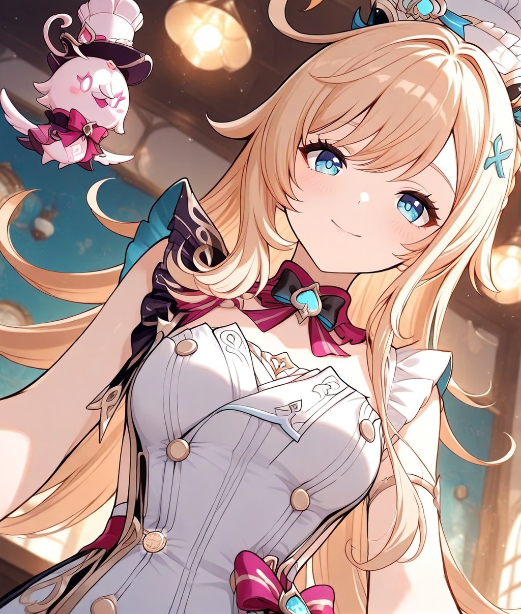 escoffier \(genshin impact\),O,ultra detailed anime texture,1girl,solo,smile,blonde hair,hair ornament,long hair,hat,looking at viewer,blue eyes,ahoge,breasts,upper body,bangs,white headwear,white dress,virtual youtuber,closed mouth,x hair ornament,braid,dress,bow,indoors,escoffier \(genshin impact\),Depth of field,extreme aesthetics,masterpiece,best quality,ultra high definition,32K resolution,sharp focus,exquisite details,high-end texture,fashion photography,film perspective,rich colors,color palette,advertising style,tension composition,emotional masterpiece,mild atmosphere,latest,dynamic Dutch angle,perspective composition,magazine cover,cover,