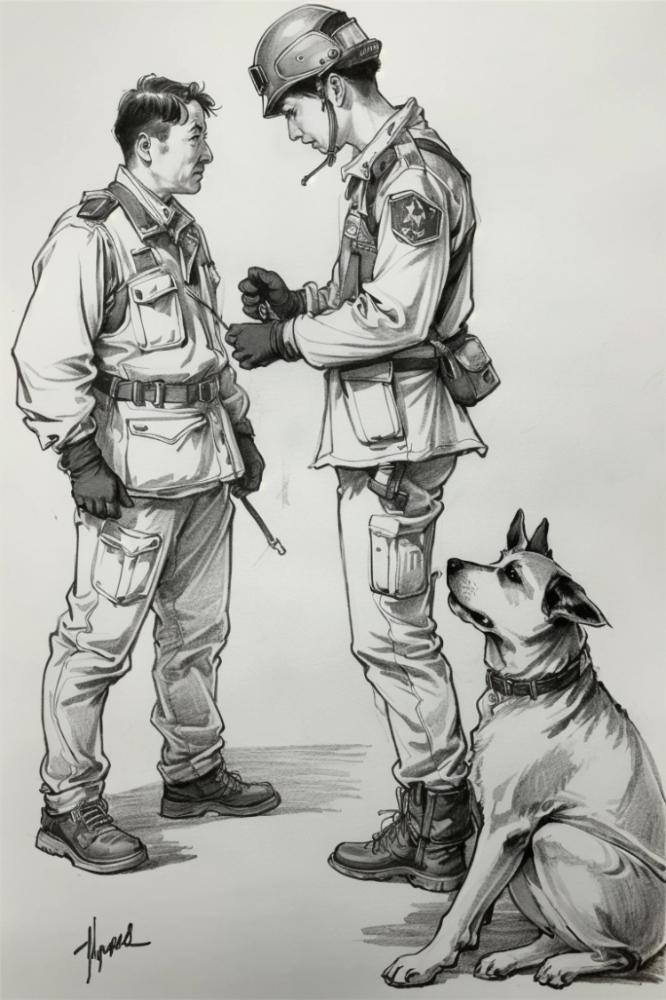 ((HRD, HUD, 8K)),((masterpiece, best quality)), highly detailed, soft light,Sketching - MultipleCharacters, monochrome, greyscale, helmet, boots, traditional media, 1boy, male focus, signature, uniform, dog, gloves, animal, standing, military, from side, <lora:20240412-1712917031577:0.8>