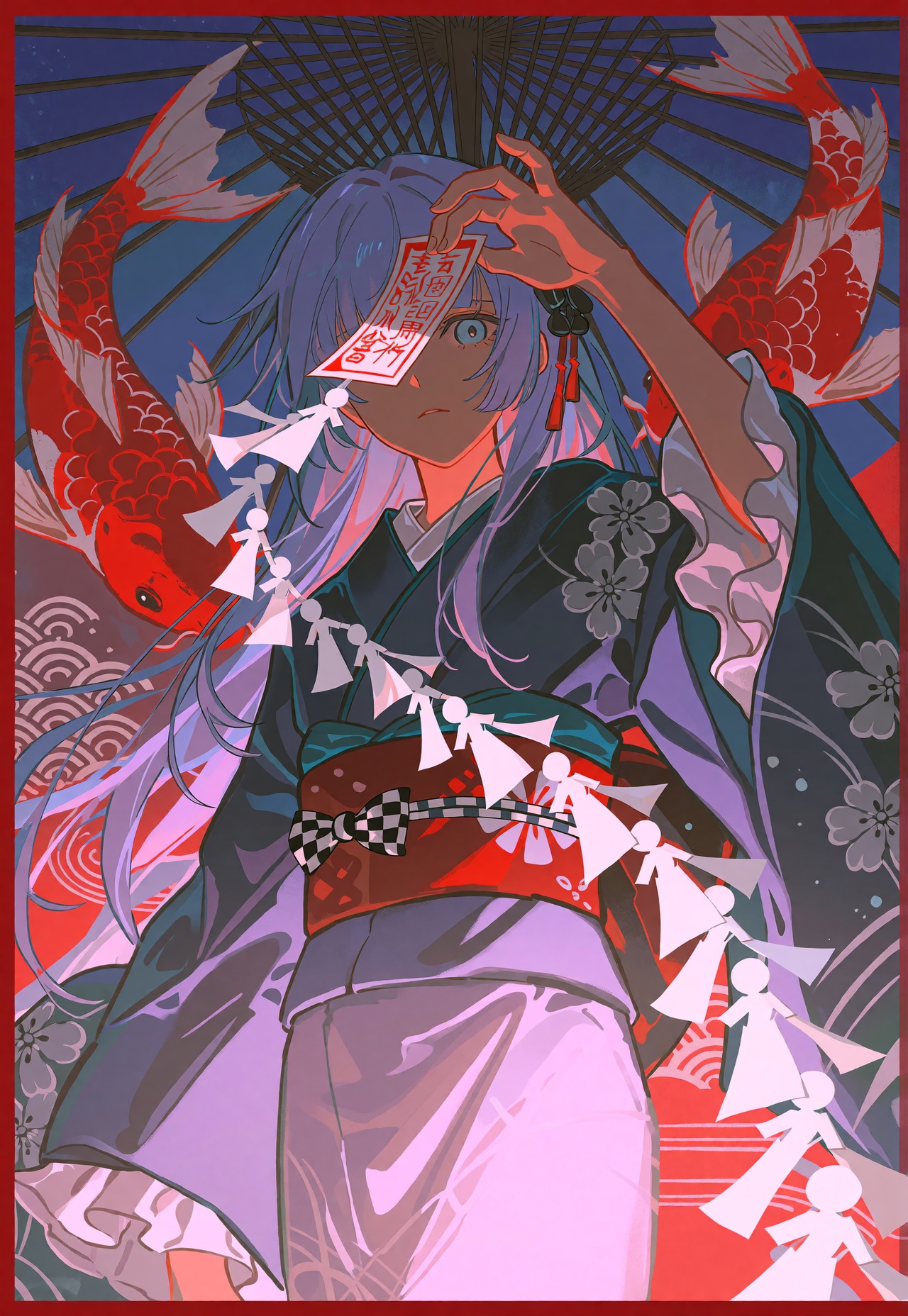 Framed within a geometric,  red-bordered parasol backdrop in a palette of twilight indigo,  crimson on Tensor.Art