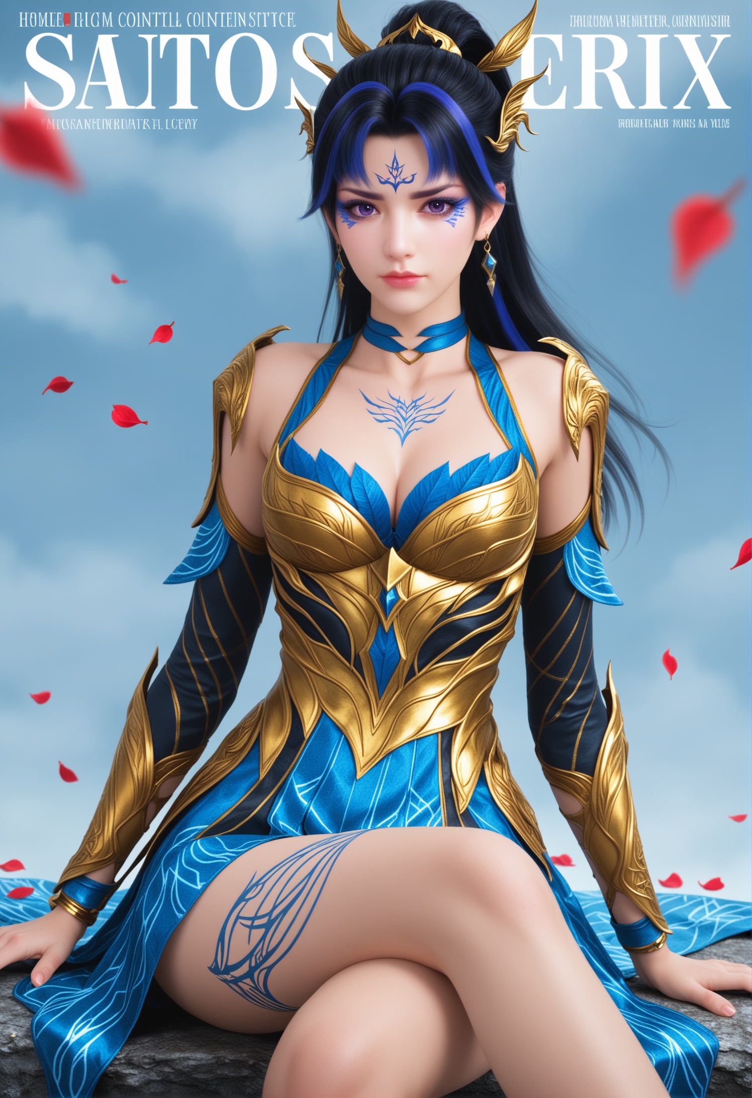 score_9,score_8_up,score_7_up,1girl,solo,sitting,(crossed_legs:1.2),(magazine cover theme:1.05),(arms_behind_back:1.1),1girl,solo,realistic,dress,long_skirt,blue dress,gold armor,armor,shoulder armor,short dress,tattoo,neck tattoo,cleavage,detached sleeves,clothing cutout,realistic,jewelry,hair ornament,blue choker,choker,earrings,crystal earrings,bracelet,realistic,1girl,solo,long hair,streaked hair,black hair,ponytail,multicolored hair,purple eyes,eyeshadow,forehead mark,facial tattoo,facial mark,eyelashes,bare shoulders,closed mouth,realistic,(advertising cover:0.8),grey_background,gradient_background,(white_background:0.9),falling petals,(depth of field:1.2),depth_of_field,(looking at viewer:1.1),<lora:小巳-九幽雀-新pony:0.8>,