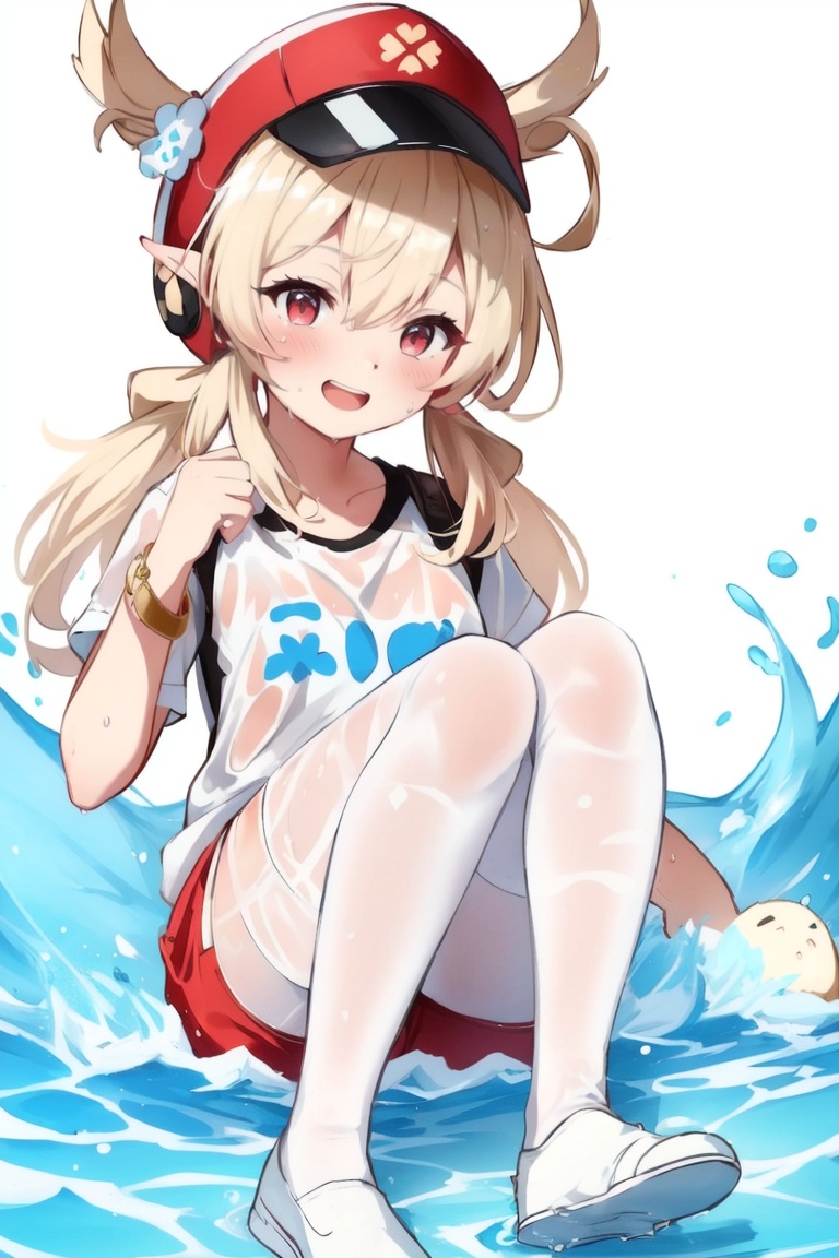 ((HRD, HUD, 8K)),((masterpiece, best quality)), highly detailed,Klee, klee (genshin impact), 1girl, shoes, shorts, pointy ears, pantyhose, blonde hair, shirt, feet, ahoge, solo, smile, twintails, white pantyhose, open mouth, white shirt, short sleeves, red eyes, sitting, looking at viewer, bangs, shoes removed, wet, low twintails, soles, bracelet, upper teeth only, wet clothes, toes, teeth, :d, hair between eyes, jewelry, dodoco (genshin impact), short shorts, white footwear, no shoes, wet shirt, see-through, white shorts, sidelocks, visor cap, foreshortening, red headwear, sneakers, foot focus, long hair, bottle, blush, alternate costume, legs, jumpy dumpty,  <lora:20240702-1719916281946:0.7>