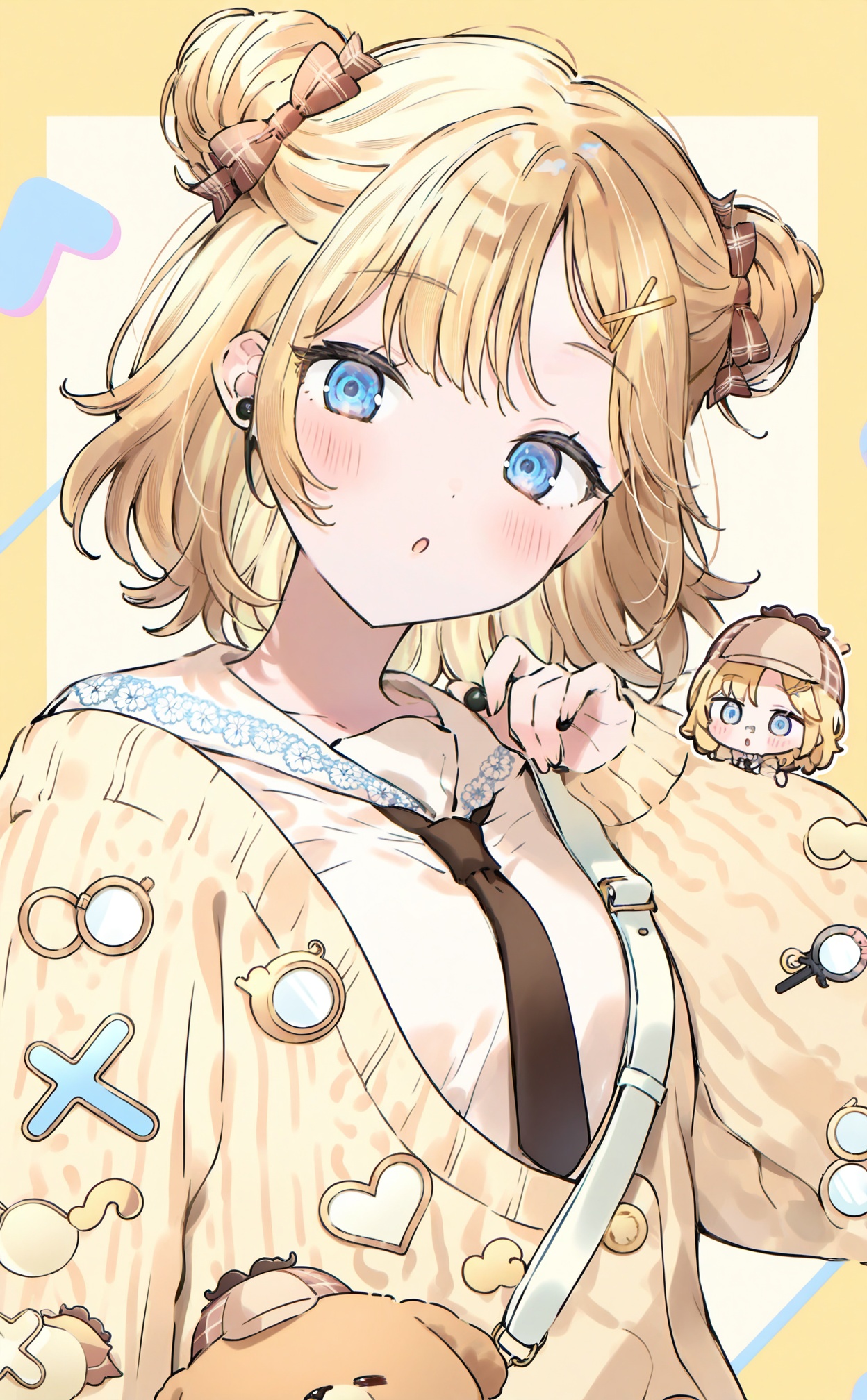 masterpiece,absurdres,best quality,high quality,chromatic_aberration,//,1girl,watson_amelia,blonde_hair,blue_eyes,virtual_youtuber,hair_bun,necktie,brown_bow,bubba_\(watson_amelia\),hair_ornament,double_bun,magnifying_glass,animal_bag,looking_at_viewer,solo,yellow_cardigan,cardigan,monocle,bow,short_hair,blush,yellow_background,hair_bow,hairclip,brown_bowtie,white_sailor_collar,bob_cut,upper_body,long_sleeves,official_alternate_hairstyle,shirt,chibi,open_mouth,black_necktie,sailor_collar,bag,:o,watch,deerstalker,plaid,official_alternate_costume,chibi_inset,heart,brown_necktie,black_nails,nail_polish,white_shirt,shoulder_bag,//,//,<lora:nekoyashiki_pushio——【CKXL】hans:1>,