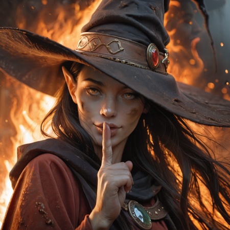 masterpiece, best quality, amazing quality, realistic,dutch angle, (close-up:1.2), 1girl, floating long hair,HU1, witch hat, ornate,pointy ears, gemstone,(naughty face:0.8), (light smile:0.5), (shushing:1.1), (dirty:0.7),red robe,(fire:1.5), volumetric lighting, vivid, dramatic shadows<lora:Hair_floating_up:0.75>