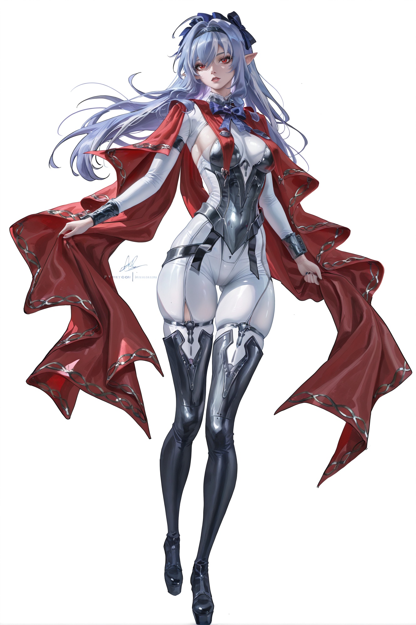 8k,best quality,masterpiece,(ultra-detailed),(high detailed skin),masterpiece,best quality,artist:zd_1995,artist:OlchaS,artist:sakimichan,sakimichan \(style\),jijia,2d,full body,full shot,standing,looking at viewer,(solo:1.2),simple background,(white background:1.2),(white background:1.1),<lora:vivian-ill-Tanger:0.8>,vivian \(zenless zone zero\),vivian hairband with bow,1girl,red eyes,long hair,black footwear,long sleeves,pointy ears,bow,<lora:lupawave-ill-Tanger:0.8>,clothes: lupadef armed bodysuit, lupadef Red Shawl, 1girl, breasts, cape,