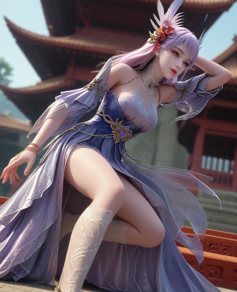 (oriental architecture, elegant decor, sophisticated style:1.1),(Power Stance, Feet shoulder-width apart, fists clenched at the sides, chest forward, and head held high,:1.1),(breasts:1.2),<lora:XL16克金玩家林紫玥:0.95>,miss linziyao,lavender dress,green eyes,decorative left eye foils,lilac hair,long hair,hair ornament,bare shoulders,detached sleeves,jewelry,sash,bracelet,white socks with embroidery,, zPDXL2, score_9, score_8_up, score_7_up BREAK realistic, masterpiece,best quality, highly detailed,, zPDXL3, zPDXL2,zPDXL, zPDXLxxx, zPDXLrl,