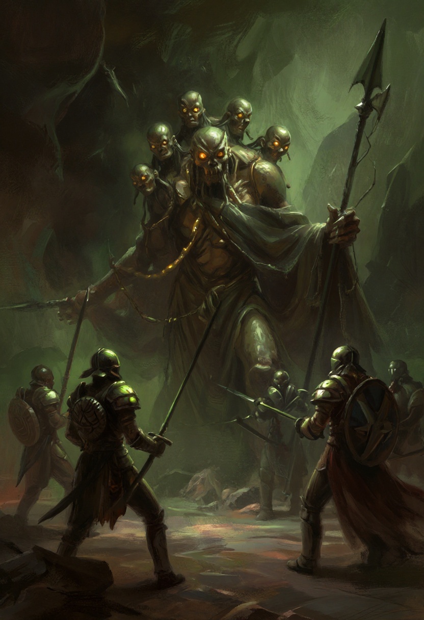 A dark,  ominous cave scene. At the center,  a massive on Tensor.Art