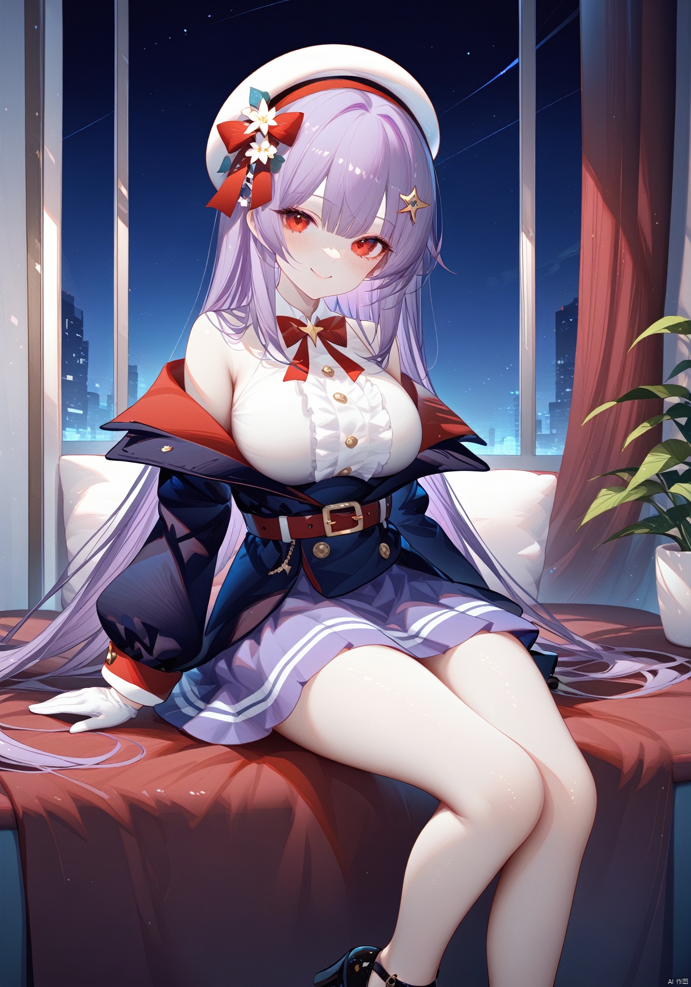 1girl,solo,looking at viewer,long hair,beret,gloves,purple hair,white headwear,red eyes,white gloves,skirt,long sleeves,belt,hair ornament,bare shoulders,black footwear,off shoulder,Mary Janes,high heels,sitting,smile,large breasts,, BREAK, fine fabric emphasis, best quality, masterpiece, best quality, amazing quality, very aesthetic, absurdres, best quality, amazing quality, very aesthetic, absurdres, Highly detailed, best quality, masterpiece, Highly detailed<lora:EMS-385208-EMS:1.000000>