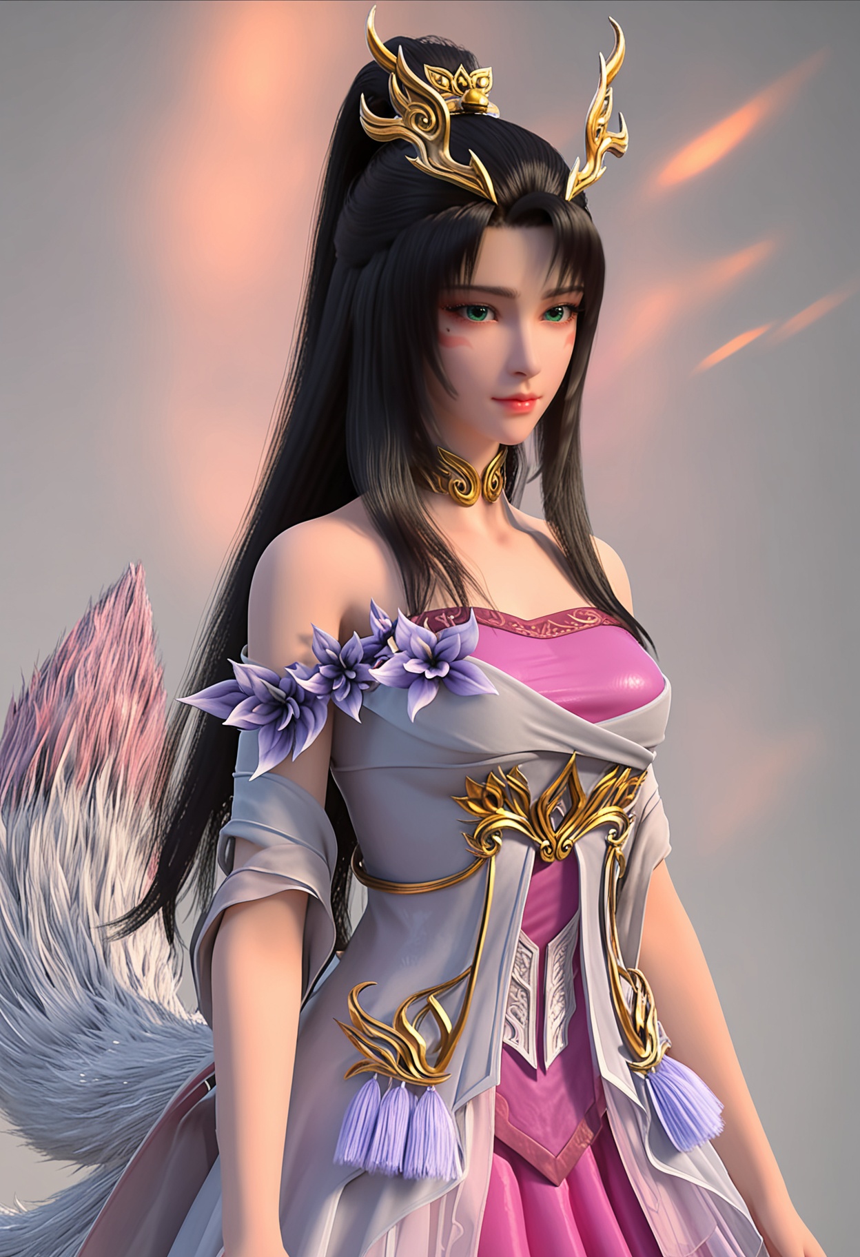 score_9,high detail,best quality,cinematic lighting,volumetric lighting,shiny skin,shiny,1girl,solo,green_eyes,facial mark,mole under eye,dress,long hair,flower,white background,black hair,tail,closed mouth,ponytail,hair ornament,bare shoulders,pink dress,simple background,looking at viewer,<lora:QQSponytianhuxianziV1:0.8>,<lora:Pony_DetailV2.0:0.8>,<lora:皮肤凹痕:0.1>,