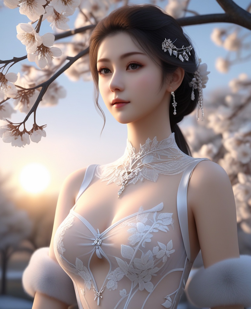 <lora:588-DA-XL-梦塔·雪谜城-白亦君:0.8>(,1girl, ,best quality, ),looking at viewer,  ,, ultra detailed background,ultra detailed background,ultra realistic 8k cg,,masterpiece, (( , )), fiction,mole,  ,     ,see-through, lace, (cleavage),(((, solo, sun, , bare_tree, )))