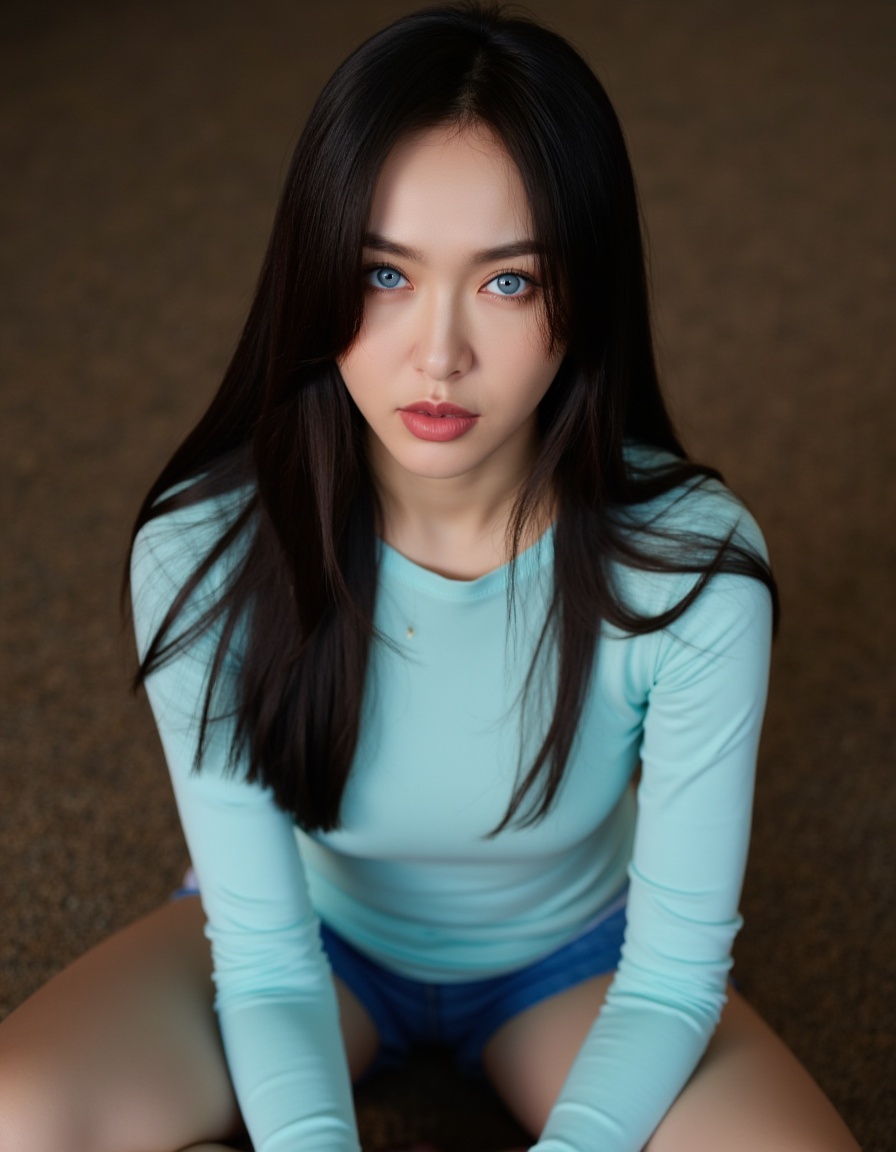 a young Asian woman with long dark hair,wearing a light blue long-sleeved t-shirt and blue shorts,is seated on a brown carpeted floor. Her left hand is draped over her right shoulder,adding a touch of color to the scene. The woman's eyes are a piercing blue,and her lips are a pinkish-pink. Her hair is cascading down her shoulders,framing her face. A light bulb is emitting from the top of her head,casting a shadow on the left side of the image.,