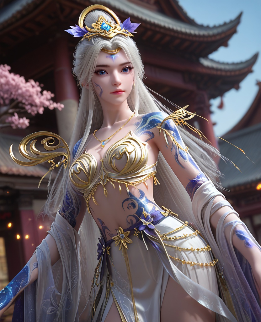 (oriental architecture, elegant decor, sophisticated style:1.1),Standing, one foot raised, balancing,,(breasts:1.2),<lora:XL16完美世界莫仙:0.95>,miss moxian,white filigree bra,white chiffon skirt,blue eyes,white hair,very long hair,hair ornament,traditional chinese updo with long front strands,facial mark,necklace,(blue tattoo:1.3),(full right sleeve:1.3),hagoromo,, zPDXL2, score_9, score_8_up, score_7_up BREAK realistic, masterpiece,best quality, highly detailed,, zPDXL3, zPDXL2,zPDXL, zPDXLxxx, zPDXLrl,