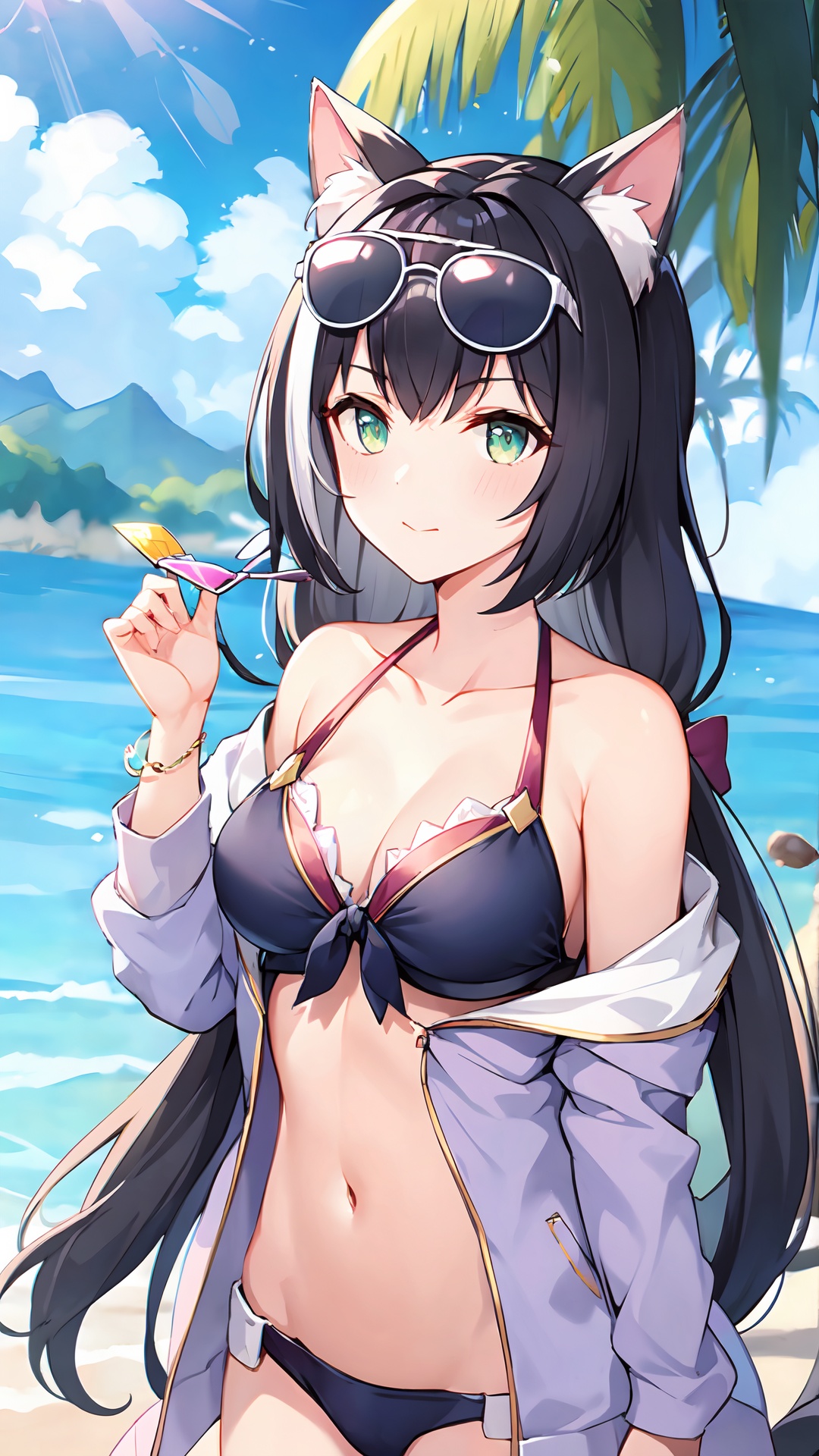 a girl,<lora:jmai_20240614120426-000007:0.7>,outdoors,beach,sunglasses,fake animal ears,upper_body,(dusk:1.2),