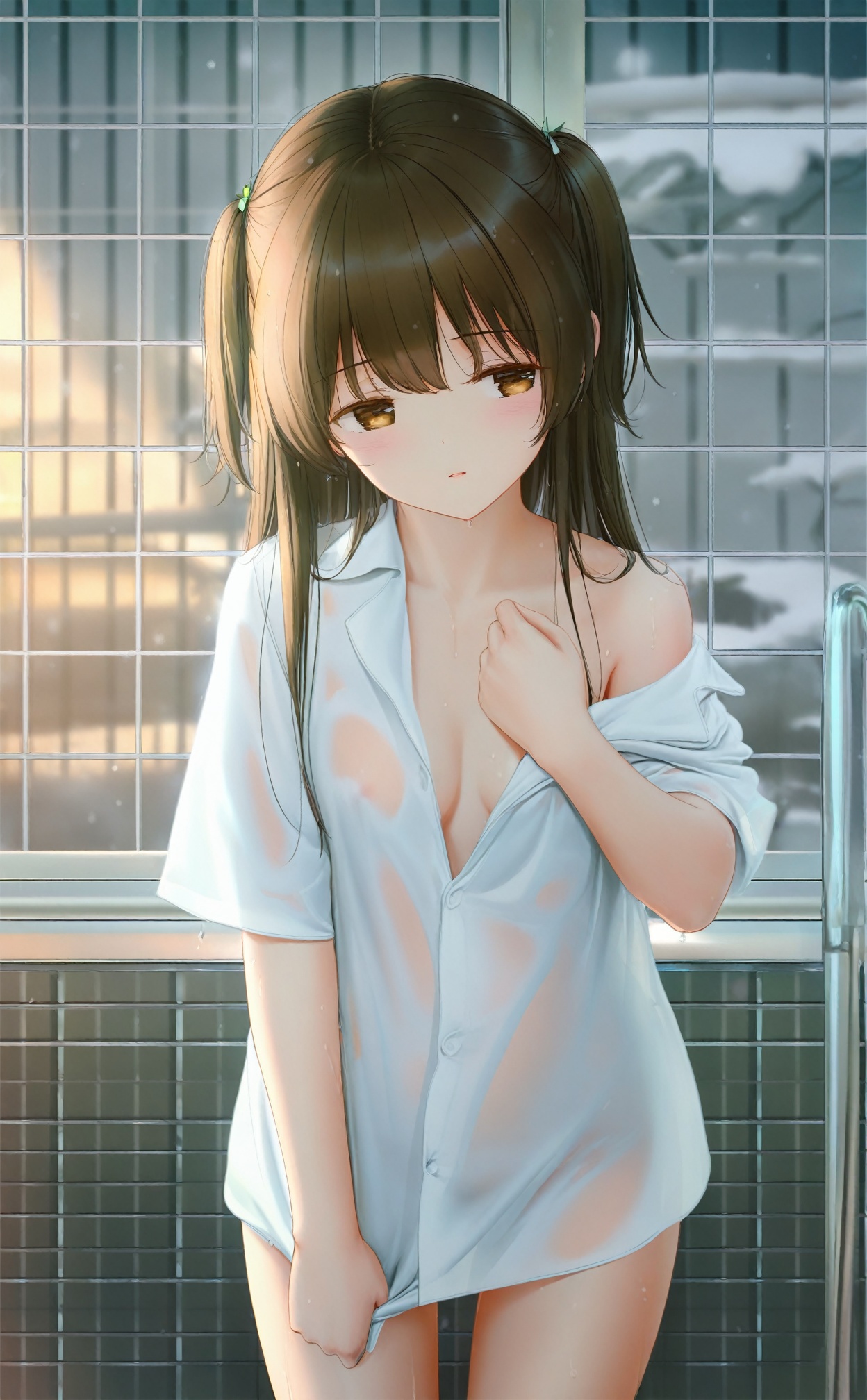 masterpiece,best quality,high quality,loli,snow theme,himitsu_(hi_mi_tsu_2),Artist haneru,Artist:hiten_(hitenkei),artist chen_bin,artist:wanke,(artist:ke-ta:0.6),[Artist:wlop],(Artist agwing86:1.3),(Artist aki99:0.5),(Artist z282g:0.66),loli,1girl,solo,breasts,shirt,long hair,small breasts,wet,two side up,blush,white shirt,collarbone,naked shirt,off shoulder,brown hair,short sleeves,wet clothes,cowboy shot,yellow eyes,wet shirt,standing,no bra,tiles,brown eyes,tile wall,see-through,dress shirt,cleavage,moody lighting,snow,lightblue,fair_skin,shiny_skin,