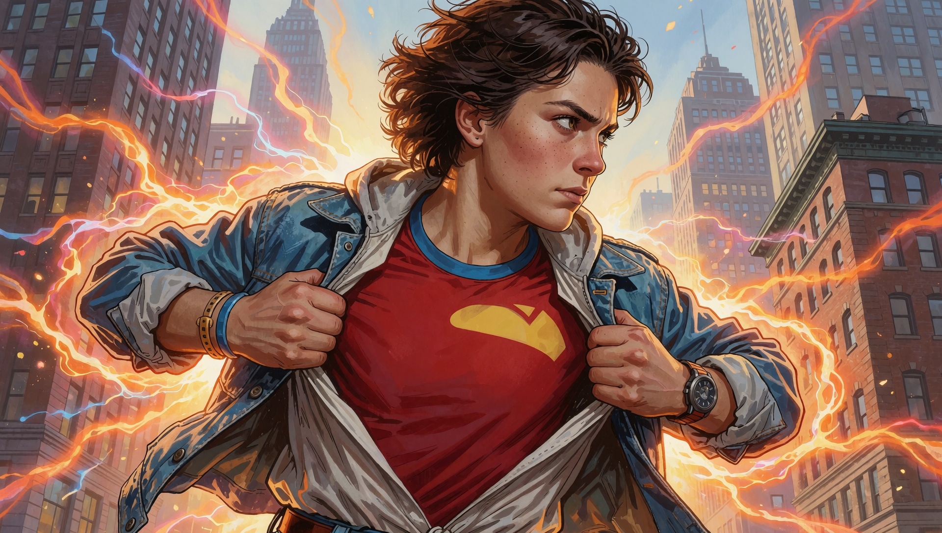 Ordinary person in casual attire revealing hidden superpower,  city backdrop,  dynamic pose on Tensor.Art