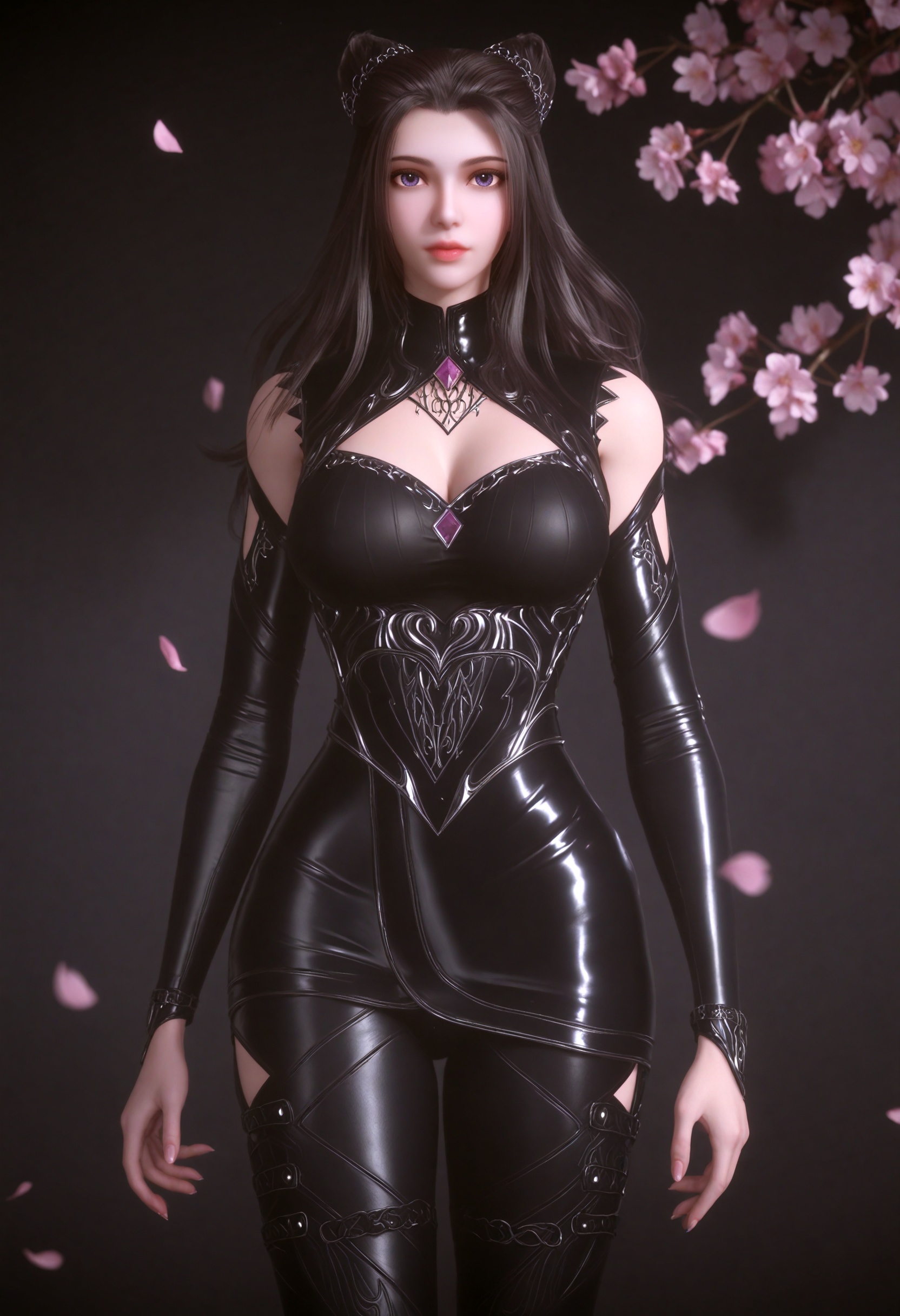 (cowboy shot:1.2),(gigantic breasts:0.6),(slender:1.3),(looking_at_viewer:1.1),(masterpiece:1.1),(best quality:1.2),(intricate details),dim lighting,(smog:1.3),(Dark room:1.3),(dim lighting:1.3),peach blossom,falling petals,<lora:YQ_li光辉v5_朱竹清_V1:0.8>,solo,1girl,q1528437228,long_hair,hair_bun,black_hair,detached_sleeves,clothing_cutout,cleavage_cutout,purple_eyes,brown_hair,elbow_gloves,jewelry,bodysuit,(black leather pants:1.1),hair_ornament,high_heels,black_footwear,black_dress,masterpiece,(best quality),(intricate details:0.9) BREAK masterpiece,(best quality),(intricate details:0.9),(realistic skin:1.2),