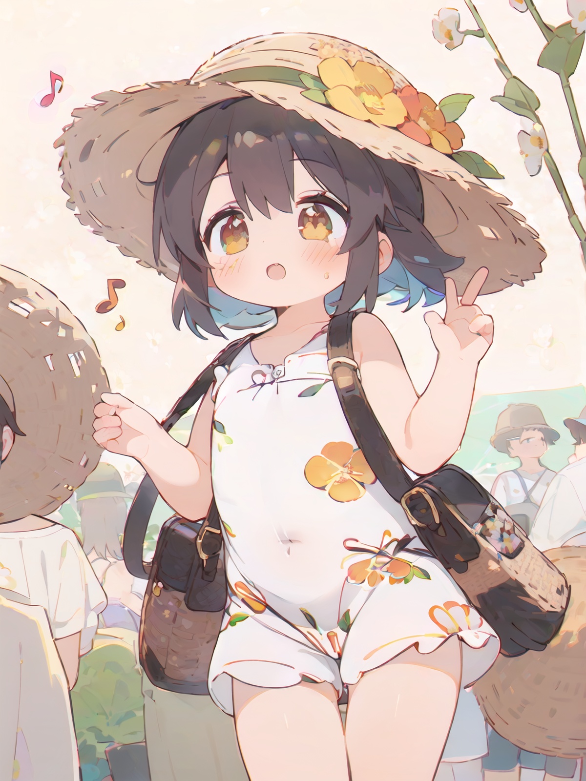 1girl,(Floral_printed_romper:1.5),(Straw_wide-brim_hat:1.4),(Rattan_crossbody_bag:1.3),(Music_festival_background:1.4),, (masterpiece,best quality,ultra_detailed,highres,absurdres:1.2)