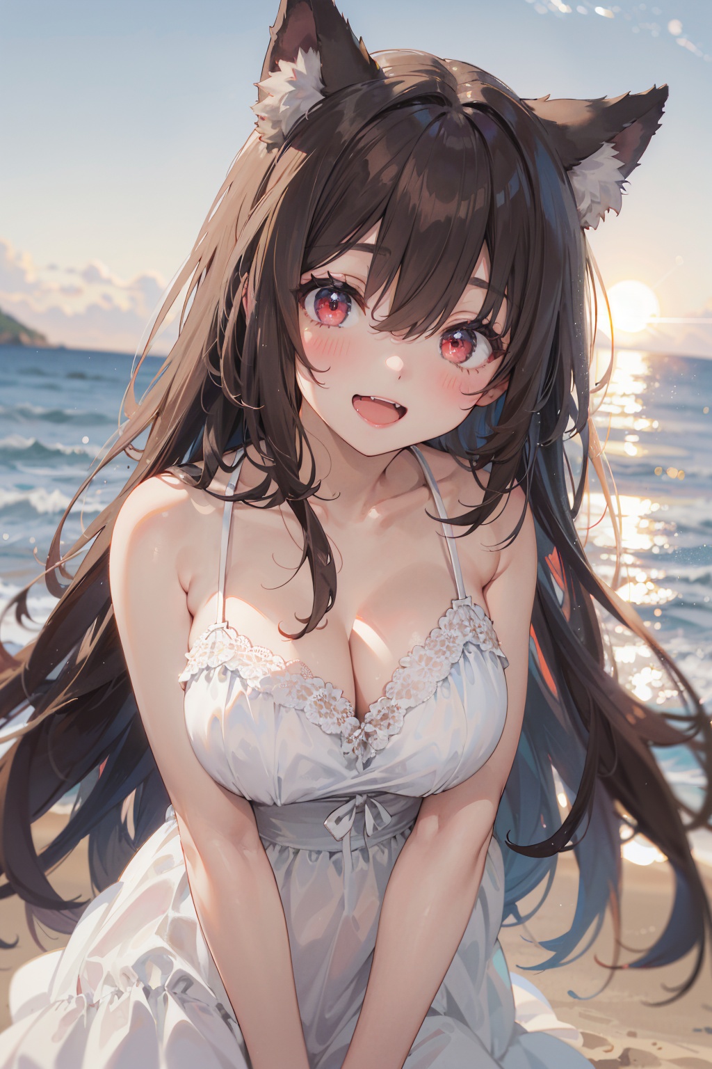 masterpiece,best quality,1girl,solo,looking at viewer,brown hair,hair between eyes,bangs,very long hair,red eyes,wolf ears,wolf tail,blush,open mouth,smile,:d,fang,large breasts,bare shoulders,(white sundress),upper body,leaning forward,outdoors,sun,sea,beach,day,blurry background