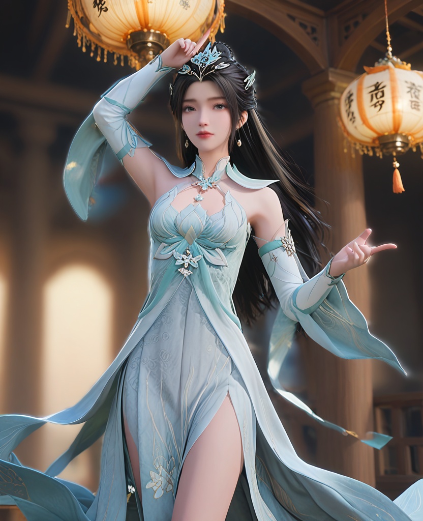 (oriental architecture, elegant decor, sophisticated style:1.1),(Standing, one arm raised, pointing upwards,:1.1),(breasts:1.2),<lora:XL遮天颜如玉:0.95>,1girl,long hair,black hair,black eyes,earrings,hair_ornament,headpiece,breast,medium breast,bare shoulders,dress,white_dress,bare_legs,, score_9,score_8_up,score_7_up,score_6_up,score_5_up,score_4_up,3d rendering,tag1,tag2, Cinematic Lighting,backlighting,