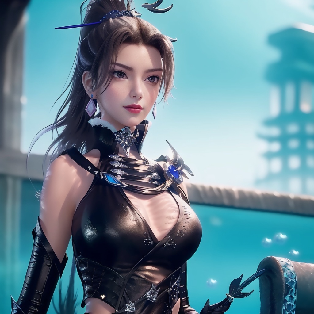 <lora:万界至尊-李雪衣-皮衣:0.8>, (,1girl, ,best quality, ),looking at viewer,masterpiece, ((((, solo,  , ,solo focus, ,underwater, )))) ,ultra realistic 8k cg,   clean, masterpiece,     cinematic lighting, cinematic bloom,  (( , )),, , unreal, science fiction, luxury, jewelry, diamond, gold, pearl, gem, sapphire, ruby, emerald, intricate detail, delicate pattern, charming, alluring, seductive, erotic，(sit), , enchanting, hair ornament, necklace, earrings, bracelet, armlet,,(cleavage),,