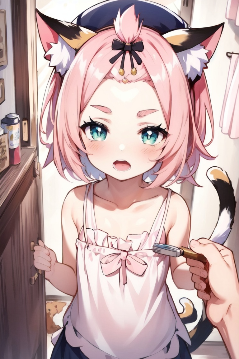 ((HRD, HUD, 8K)),((masterpiece, best quality)), highly detailed,Diona, 1girl, animal ears, diona (genshin impact), cat ears, pink hair, toothbrush, animal ear fluff, brushing teeth, looking at viewer, bangs pinned back, pov, green eyes, blush, open mouth, thick eyebrows, tail, indoors, cat girl, short hair, solo focus, cat tail, collarbone, short eyebrows, holding, bare shoulders, forehead, camisole, female child, child, pov hands, bow, <lora:20240701-1719821584874:0.75>