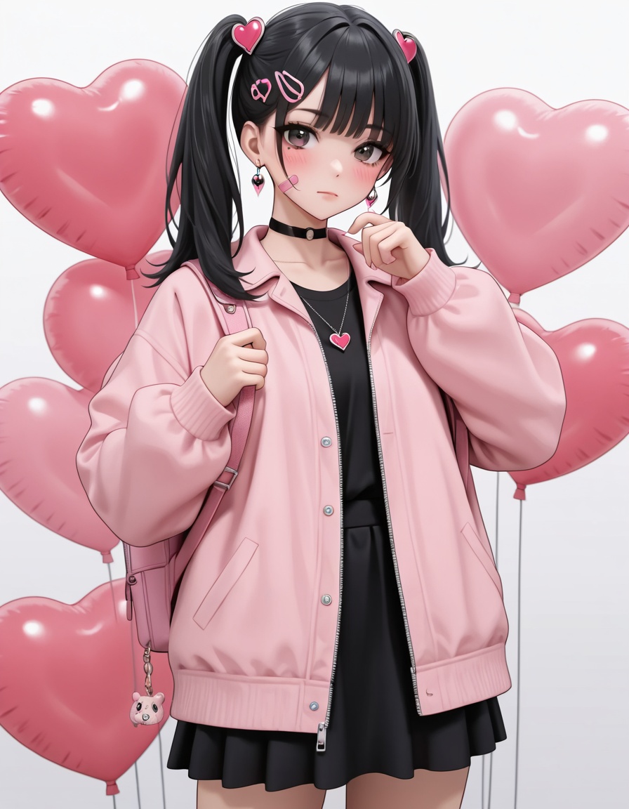 masterpiece,extremely aesthetic,newest,1girl,solo,shot hair,looking at viewer,blush,bangs,skirt,shirt,black hair,hair ornament,long sleeves,white background,twintails,jewelry,closed mouth,standing,jacket,heart,cowboy shot,earrings,open clothes,choker,hairclip,black skirt,necklace,bag,open jacket,black shirt,backpack,bandaid,zipper,heart hair ornament,bandaid on face,pink jacket,balloon,heart balloon,