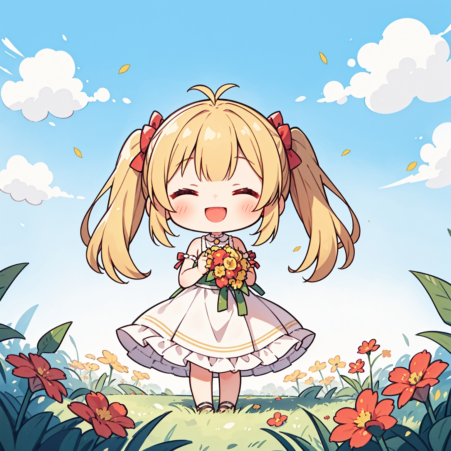 1girl,solo,smile,closed eyes,wearing a sundress and holding a bouquet of wildflowers,standing in a field of tall grass with a soft breeze blowing through. The scene should capture the whimsical and carefree style of Sakimichan,with a sense of peace and tranquility in the air best quality,masterpiece,cute:1.2,yellow hair,red eyes,twintails,bangs