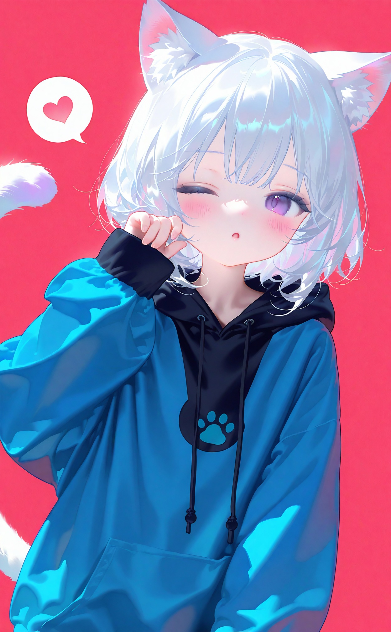 nyalia,loli,1girl,solo,looking at viewer,blush,bangs,long sleeves,animal ears,purple eyes,tail,white hair,heart,parted lips,one eye closed,puffy sleeves,cat ears,hand up,hood,cat tail,animal ear fluff,sleeves past wrists,hoodie,hood down,cat girl,red background,spoken heart,puffy long sleeves,drawstring,tail raised,black hoodie,;o,blue hoodie<lora:nyalia acid4up-000023:0.8>