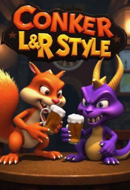 conkerlr. the title screen for a video game named "Conker L&R Style" featuring a red squirrel and spyro the dragon getting...