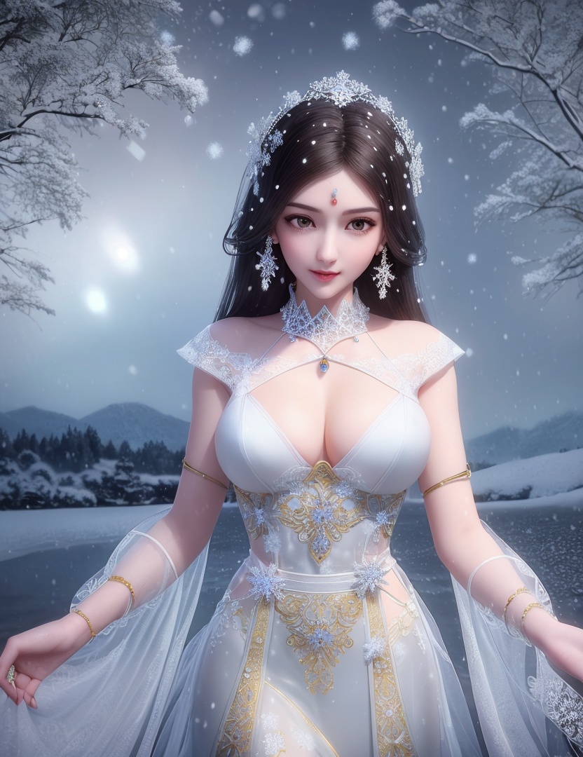 ultra realistic 8k cg, flawless, clean, masterpiece, professional artwork, famous artwork, cinematic lighting, cinematic bloom, perfect face, beautiful face, fantasy, dreamlike, unreal, science fiction,   lace, lace trim, lace-trimmed legwear, luxury, jewelry, diamond, gold, pearl, gem, sapphire, ruby, emerald, intricate detail, delicate pattern, charming, alluring, seductive, erotic, enchanting, hair ornament, necklace, earrings, bracelet, armlet,halo,autumn,((,1girl, pov,best quality, ))  , ((((1girl, solo,outdoors, large breasts,,snowflakes,  snow, snowing,   ))))    <lora:DA_BaiCai:0.7>