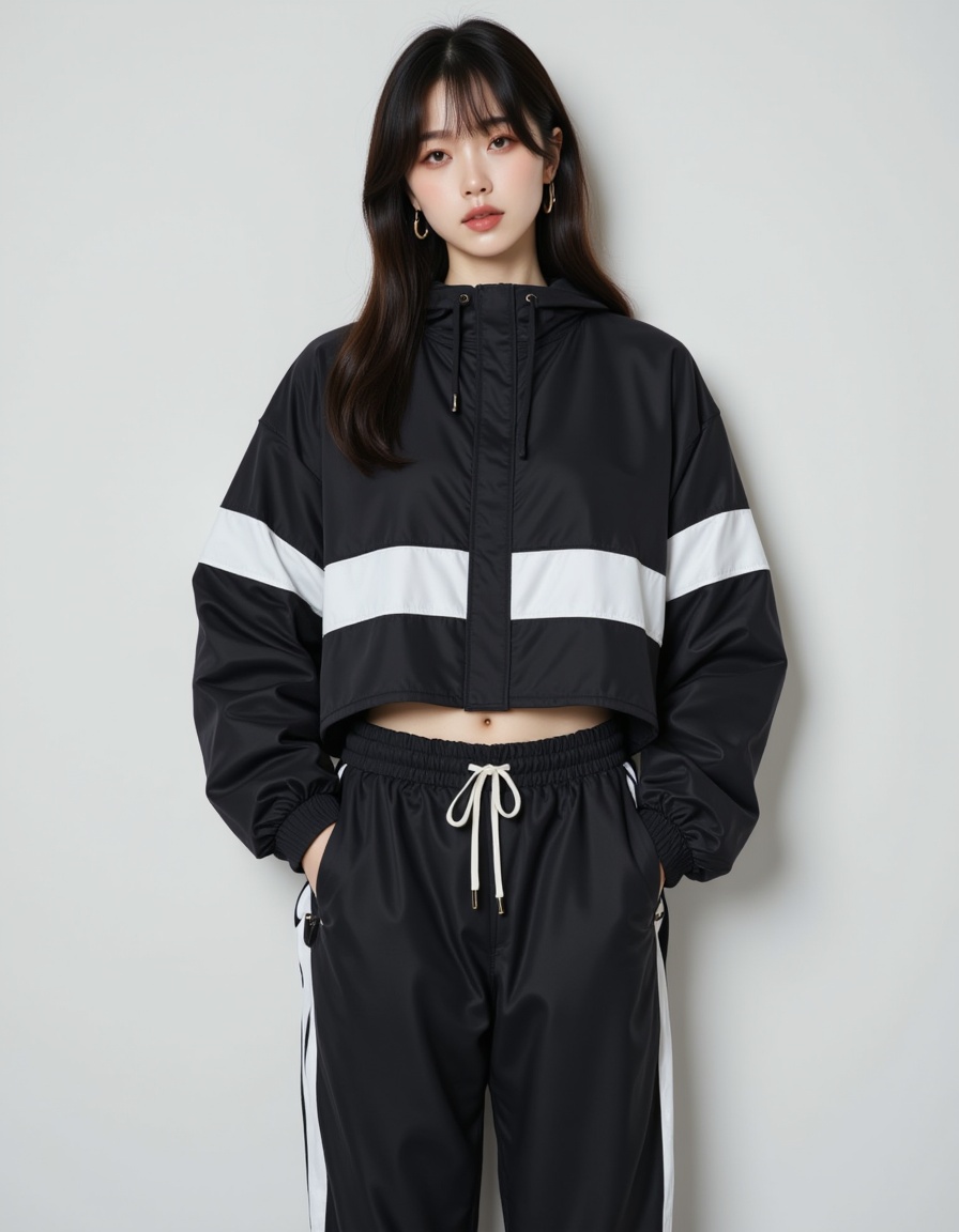 a real picture of a south korea woman,In Cropped windbreaker and track pants with side snaps,