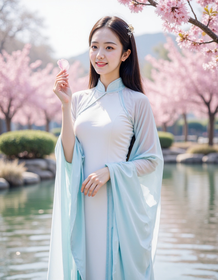 This is a high-resolution photograph featuring a young Asian woman standing in a serene outdoor setting, likely a garden or park, during springtime. She is dressed in a traditional Chinese qipao, a long, flowing gown with a high collar and wide sleeves. The gown is made of a soft, pastel blue fabric with a subtle gradient, transitioning from a pale blue at the top to a deeper, more vibrant blue at the bottom. The sleeves are long and loose, with white linings that add a touch of contrast.The woman has long, straight black hair, styled with a traditional hairpin, and she wears a gentle, natural smile. She holds a single peach blossom petal in her right hand, delicately lifting it towards her face. The background showcases a serene pond with gently rippling water, and the surrounding area is adorned with blooming cherry blossom trees, their branches laden with soft flowers. The sky above is clear and bright, suggesting a sunny day. The overall atmosphere of the photograph is calm, peaceful, and full of natural beauty, enhanced by the soft pastel colors and the delicate textures of the fabric and peach blossoms.