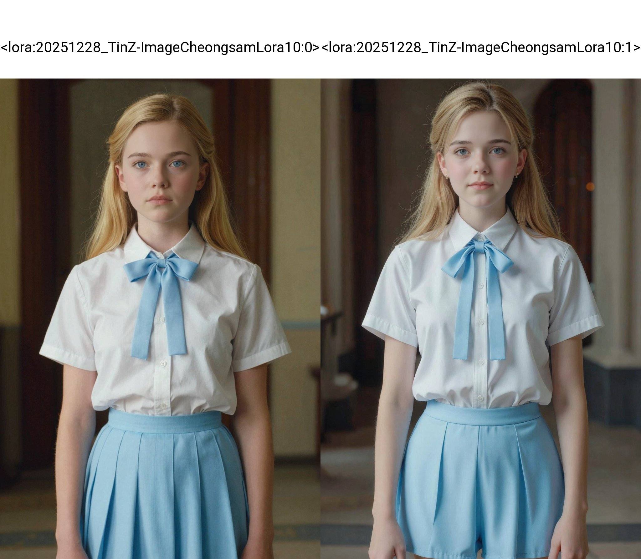 HDR photo of cinematic film still, 15-year-old girl with blue eyes and blonde hair, She wears a white short-sleeved blouse with a light blue bow tie and a matching light blue pleated skirt. <lora:20251228_TinZ-ImageCheongsamLora10:0>