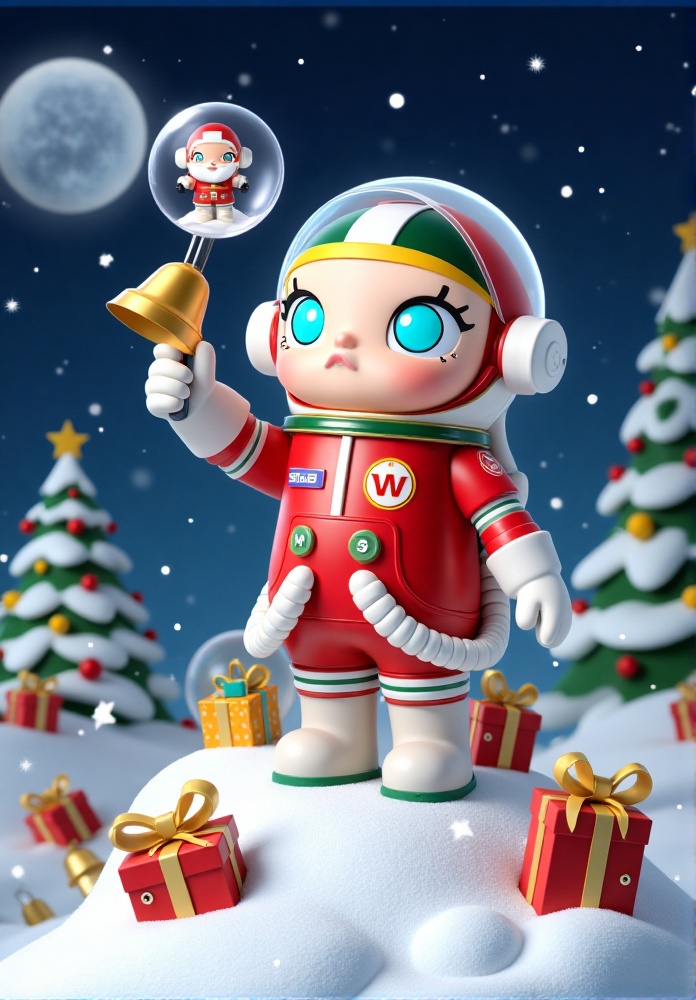 F1PopMart,F1FootMeiJia,F1PomaRuass,F1EUGispy,F1MingGUOCiqi,F1CNShanhaij,F1PopMart,The image depicts a whimsical,stylized astronaut character standing on a snowy,festive platform adorned with wrapped gifts and decorated Christmas trees. The astronaut is dressed in a red space suit with white accents,a green and red helmet,and large blue eyes. The suit features a badge with the letters "W" and a circular emblem on the chest. The astronaut is holding a small,futuristic device in one hand and a golden bell in the other. A transparent bubble floats above the character,containing a small figure resembling Santa Claus. The background is a starry night sky with falling snowflakes,creating a festive and magical atmosphere.,