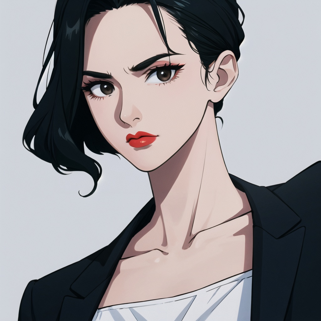 (looking at viewer),(upper body),a coldly elegant woman, glossy retro black waves hairstyle framing sharp jawline, tailored charcoal-gray women's suit with architectural shoulder pads and tapered waist, silk camisole peeking beneath blazer, minimalist cream-toned gradient background, dramatic diagonal lighting casting sculpted shadows, soft frontal fill light accentuating porcelain skin, subtle rim light outlining silhouette, restrained metallic accessories, icy gaze with faintly raised eyebrow, controlled chiaroscuro effect, modern power dressing aesthetic,<lora:beauty:0.85>,