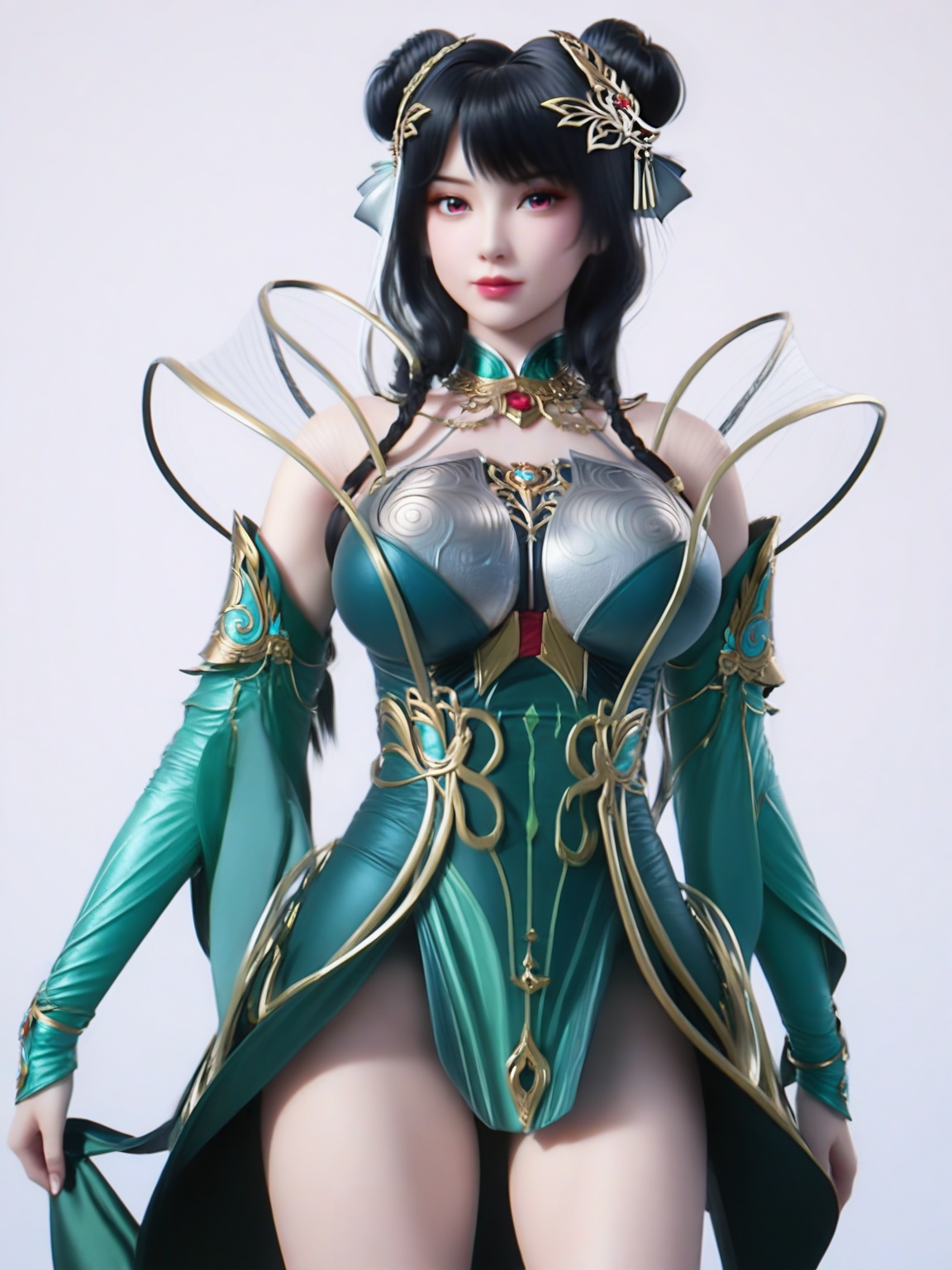 score_9,<lora:SF_HangFuLing2_Pony_Realism2.3-000004:0.7>,1girl,breasts,large breasts,standing,hair ornament,solo,lipstick,black hair,dress,jewelry,detached sleeves,green dress,double bun,skirt,cowboy shot,bare legs,looking at viewer,white background,simple background,